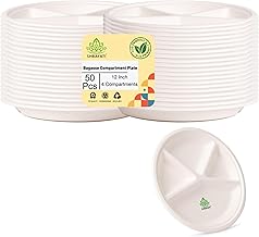 Shrayati Sugarcane Bagasse Plates - 12 Inch, 50 Pcs, 4 Compartments, Round Disposable Plates for Parties, Use and Throw Plates, Eco-Friendly