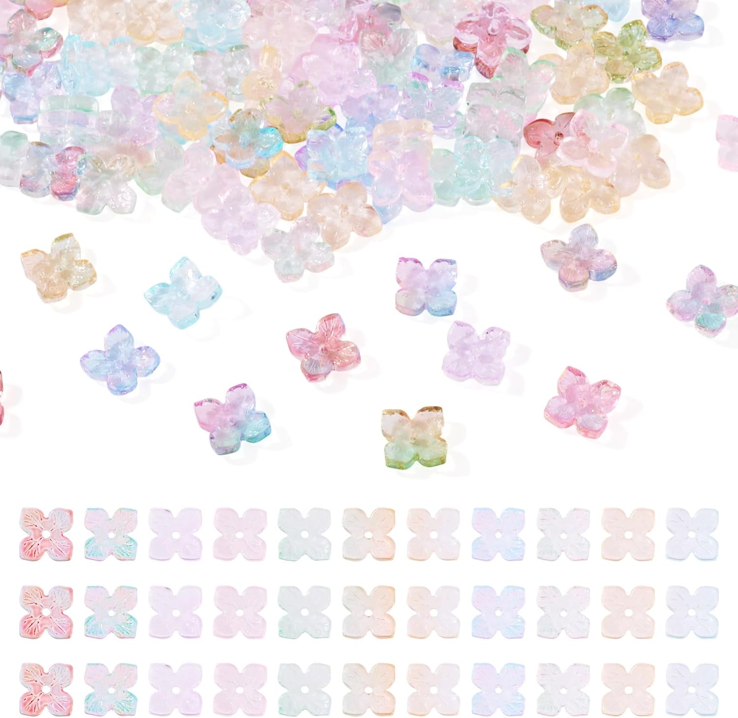 KISSITTY 110pcs Crystal Glass Flower Bead Caps Transparent Colorful 4-Petal Floral Shaped Loose Spacer Beads End Caps for Jewelry Making Necklace Bracelet Earring DIY Crafts Bag Keychain Phone Charms