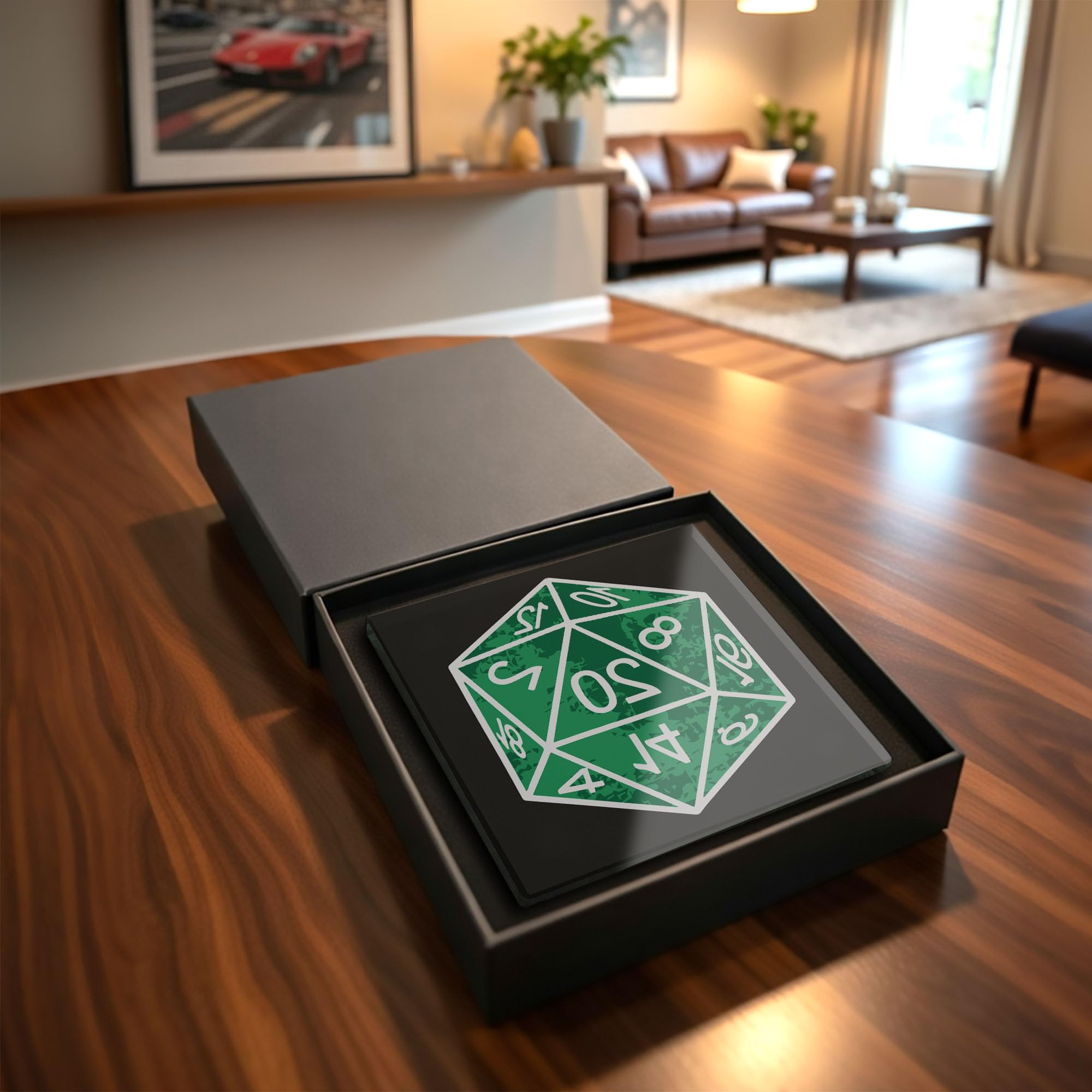 D20 Dice Square Glass Coaster RPG Gaming Drink Coaster Tempered Glass Tabletop Gamer Gift (Gift Box Packaging)