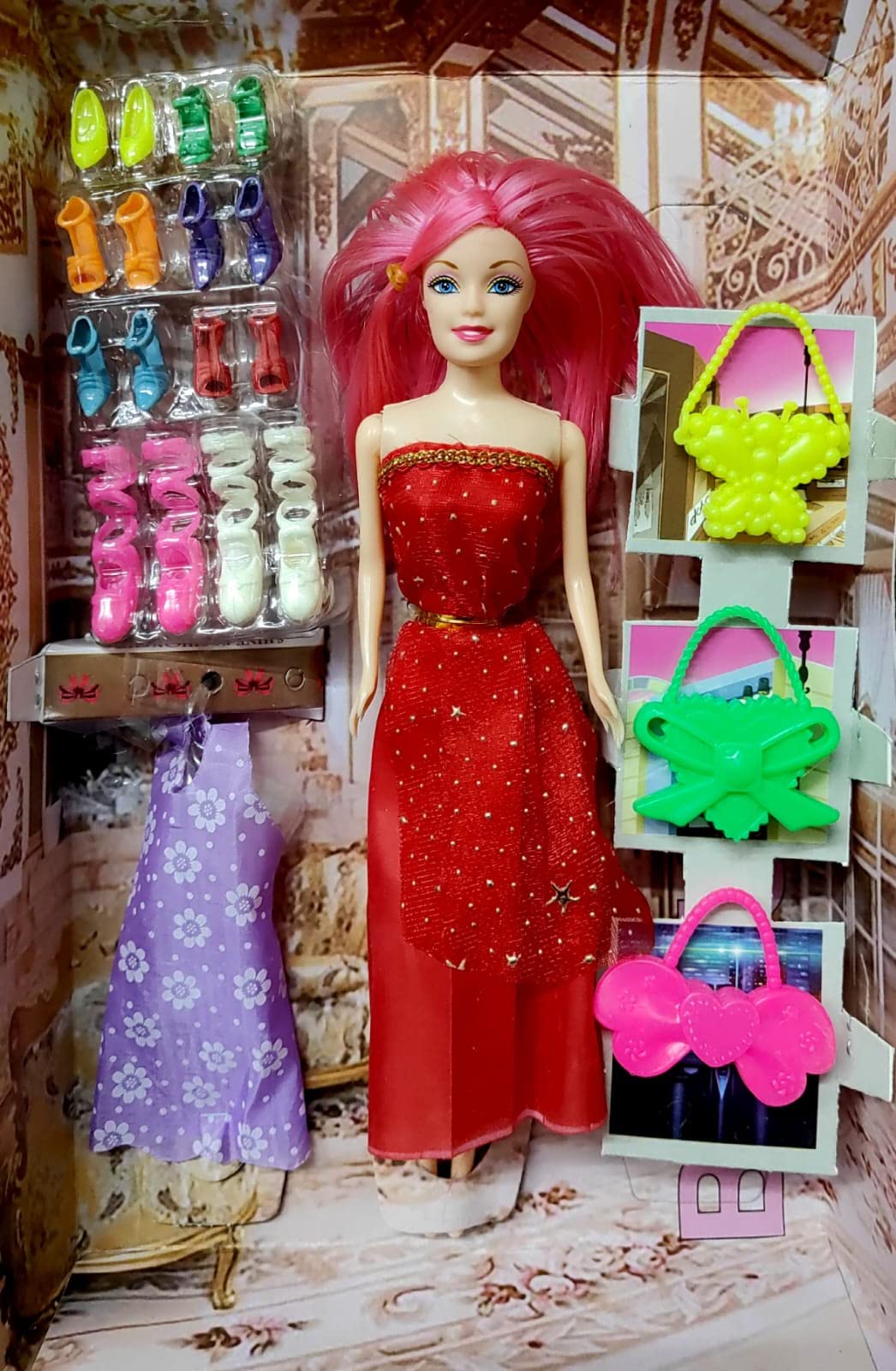 CREATURE Pretty Doll for Girls | Cute Foldable Doll | Beautiful Doll Cute Doll Set for Girls Kids | Doll with Shoes & Fashion Accessories Kit Play Set (CRE-DOLL-05-RED) (RED)