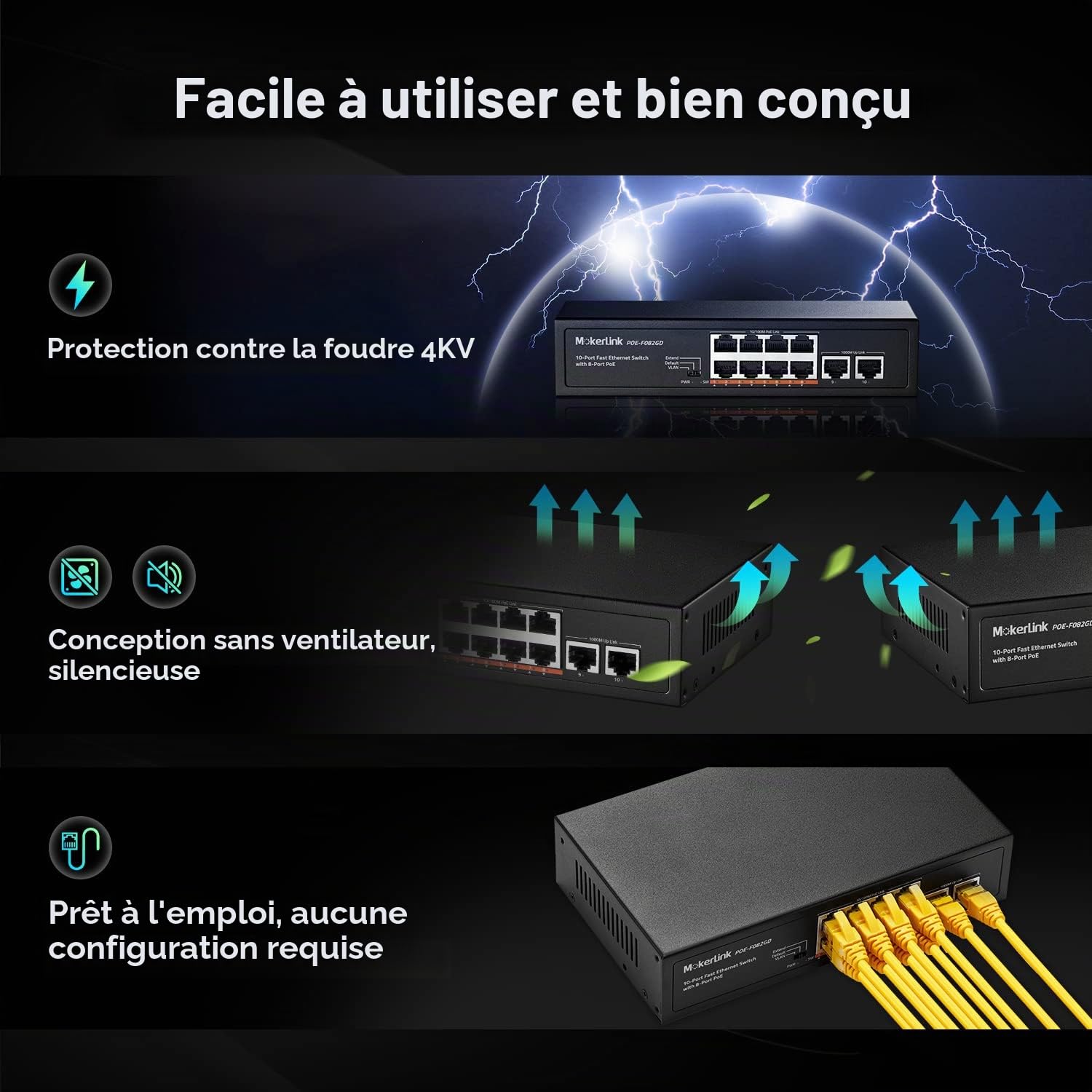 MokerLink 10 Port PoE Switch, 8 PoE+ 100 Mbps, 2 Gigabit Uplink, 96W 802.3af/at, Métal, sans Ventilateur, Plug & Play