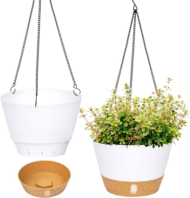 QCQHDU 2 Pack Hanging Planters Set,20cm Indoor Outdoor Hanging Plant Pot Basket,Hanging Flower Pot with Drainage Hole with 3 Hooks for Garden Home(White)