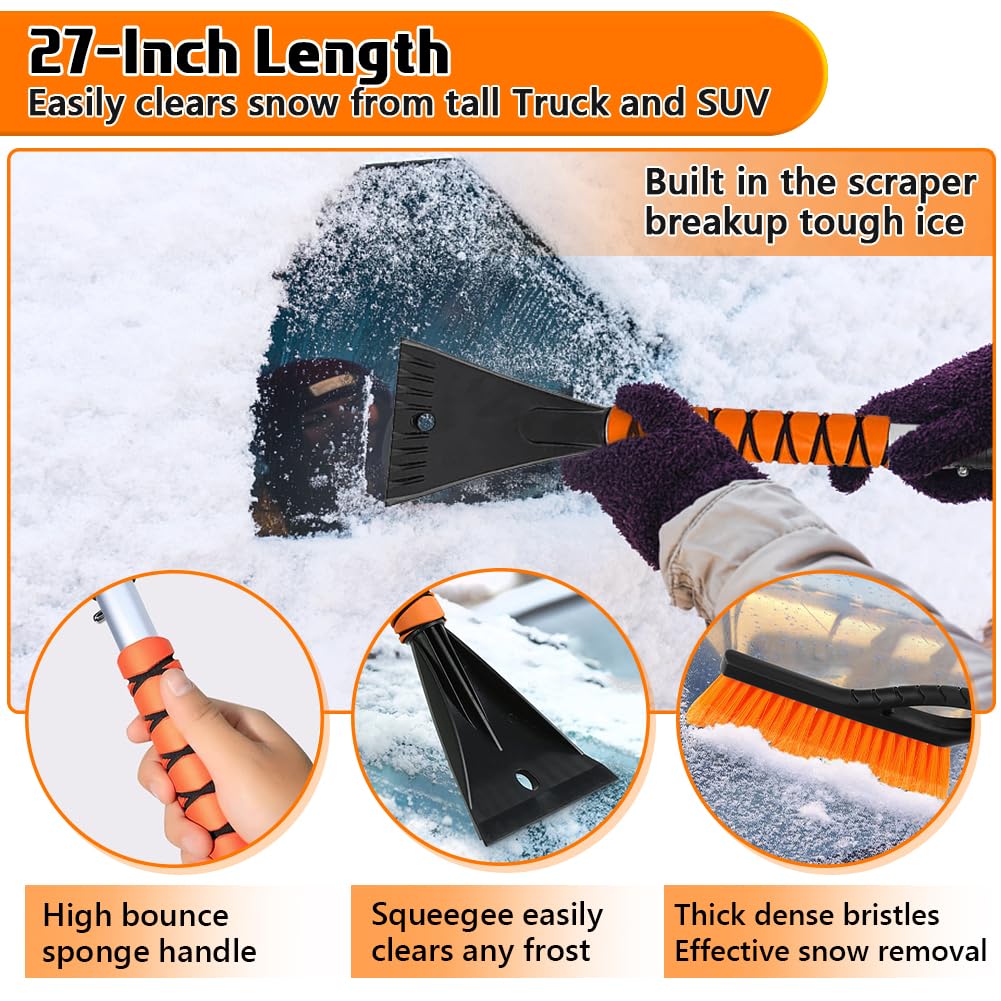 PLACHIDAY Snow Brush & Ice Scraper, 27 Inch, Ice Scrapers for Car Windshield, Detachable Snow Removal Tool with Ergonomic Foam Grip for Cars Trucks Suvs (Heavy Duty Abs, PVC Brush)
