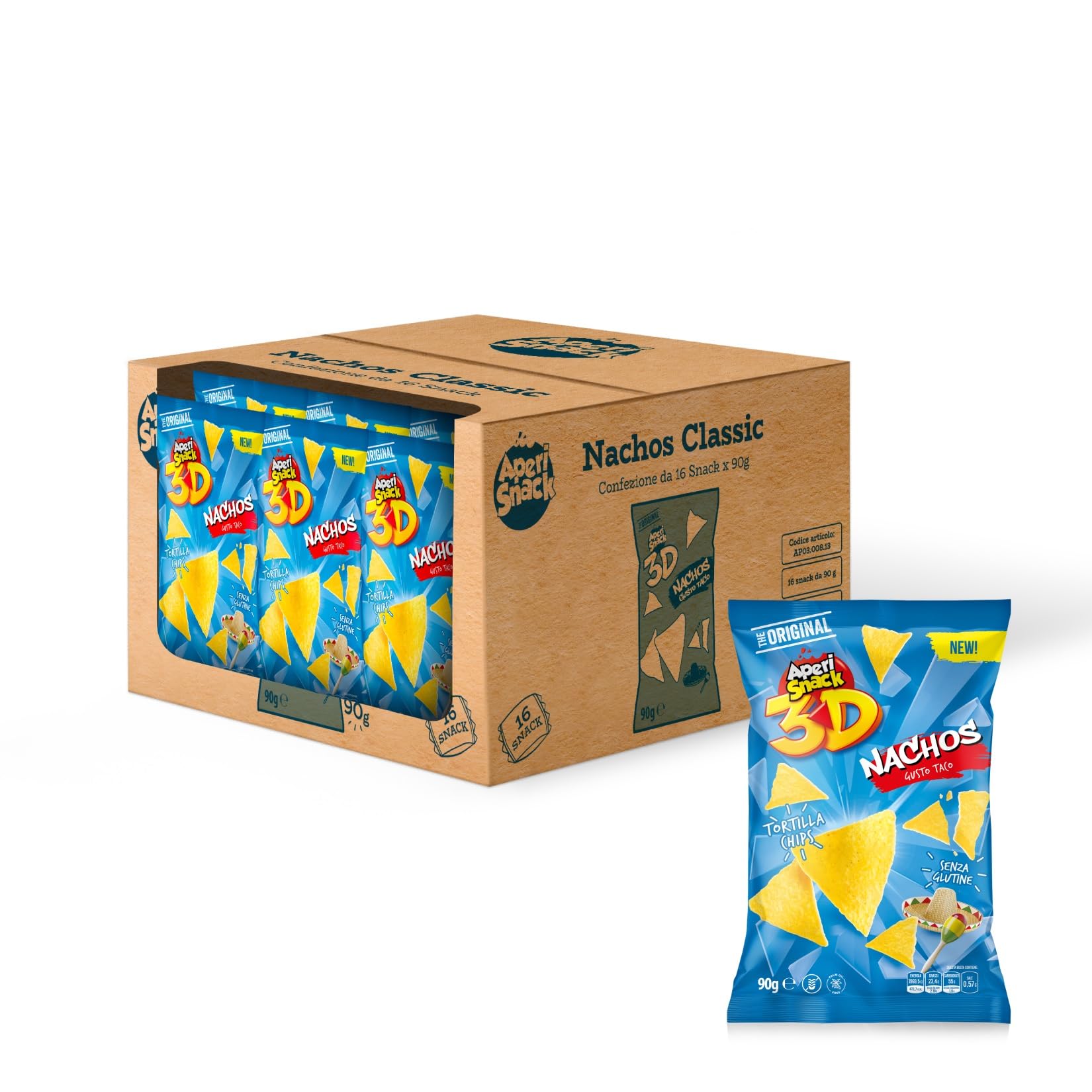 Aperisnack® - AP03.008.13 Box 16 pz - Nachos Taco Classic Linea 3D Retail Box 16pz busta 90g Formato Maxi, gusto maxi, snack per aperitivo fai da te, bar e tabacchi