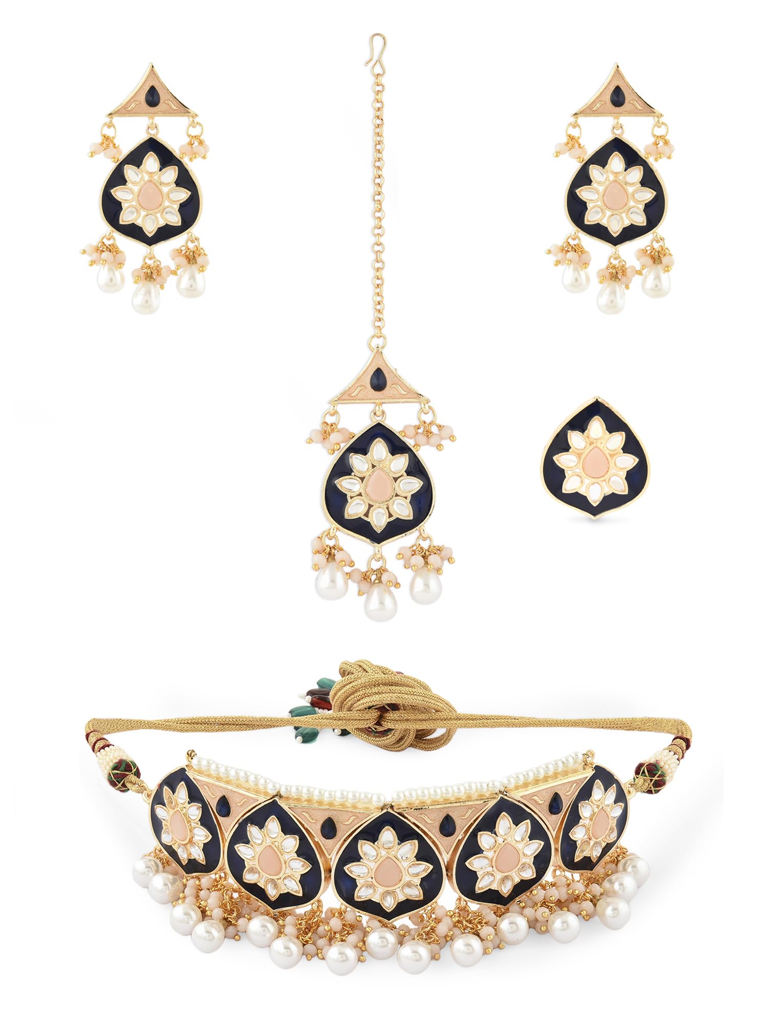 ZAVERI PEARLS Blue Peach Meenakari Kundan Choker Necklace Earring Maangtikka & Ring Set For Women -ZPFK16150 (B0C9Q5SKLX) Amazon Price History, Amazon Price Tracker