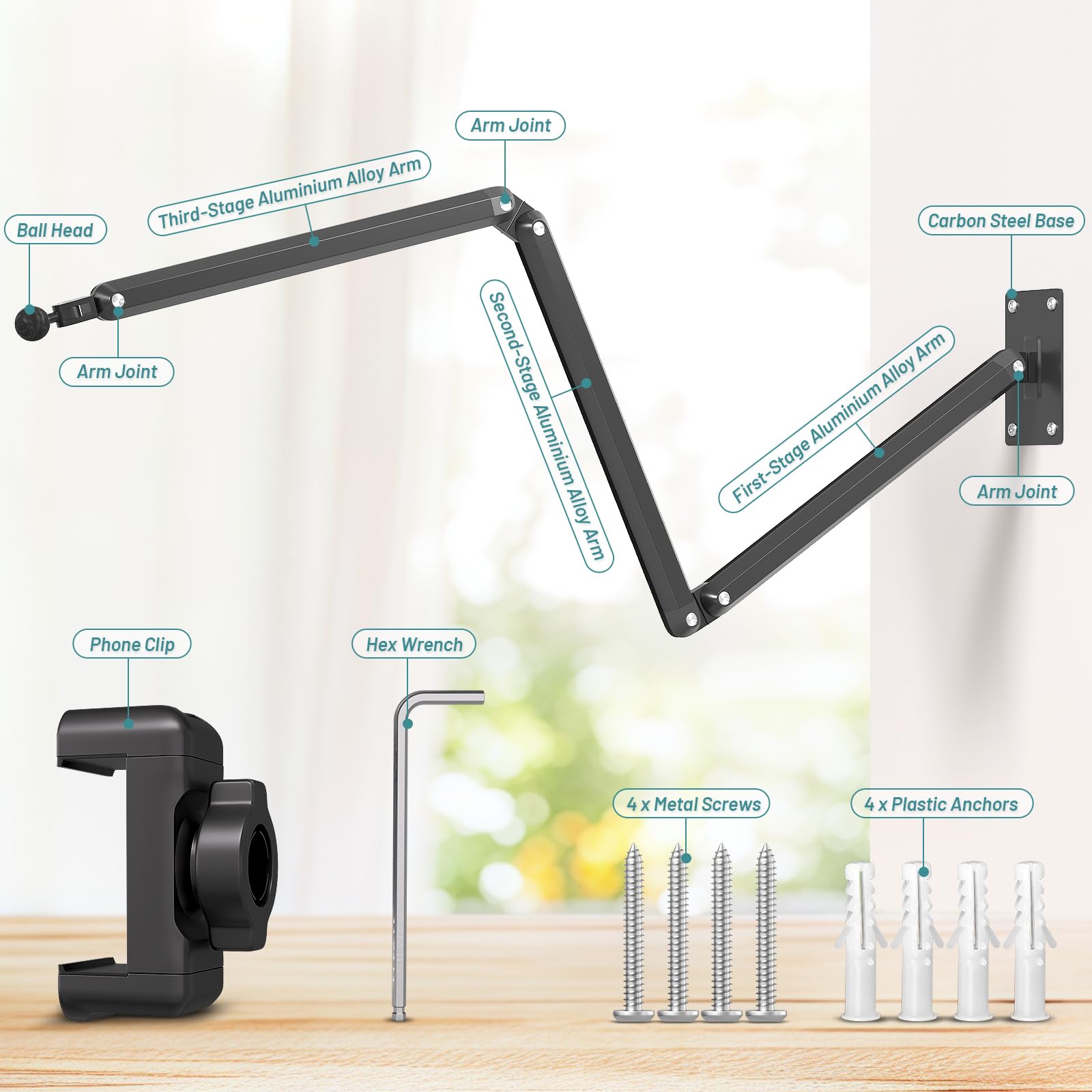 Supporto per telefono per scrivania, letto, supporto per telefono da parete, supporto per iPhone in alluminio a 3 fasi, bracci estensibili pieghevoli e base resistente, compatibile con iPhone/HTC/LG