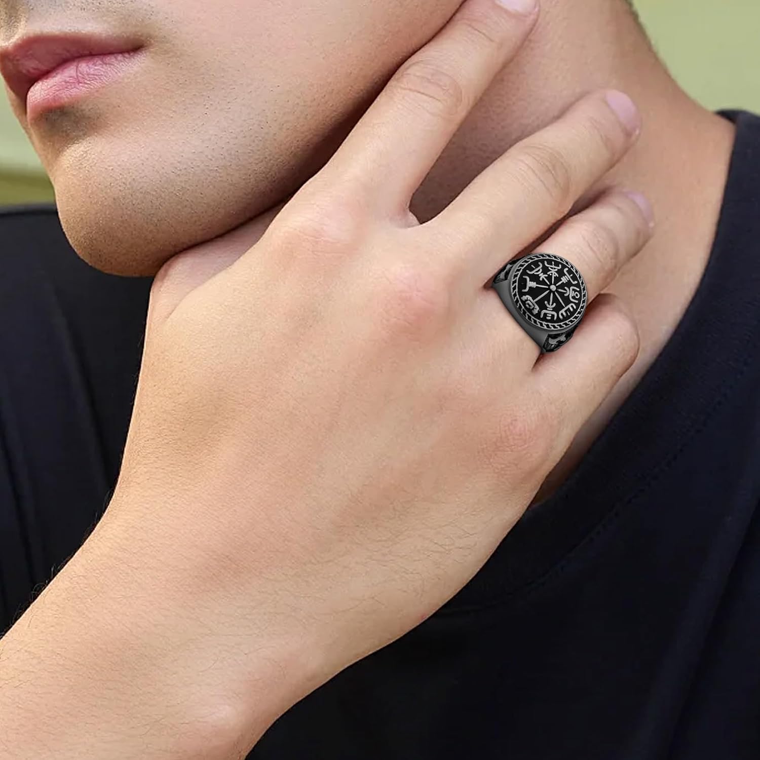 Nordic Battle Axe Ring Viking Vegvisir Pirate Compass Rings Stainless Steel/18K Gold Plated/Black Norse Symbol Vintage Jewelry for Men Women Send Gift Box