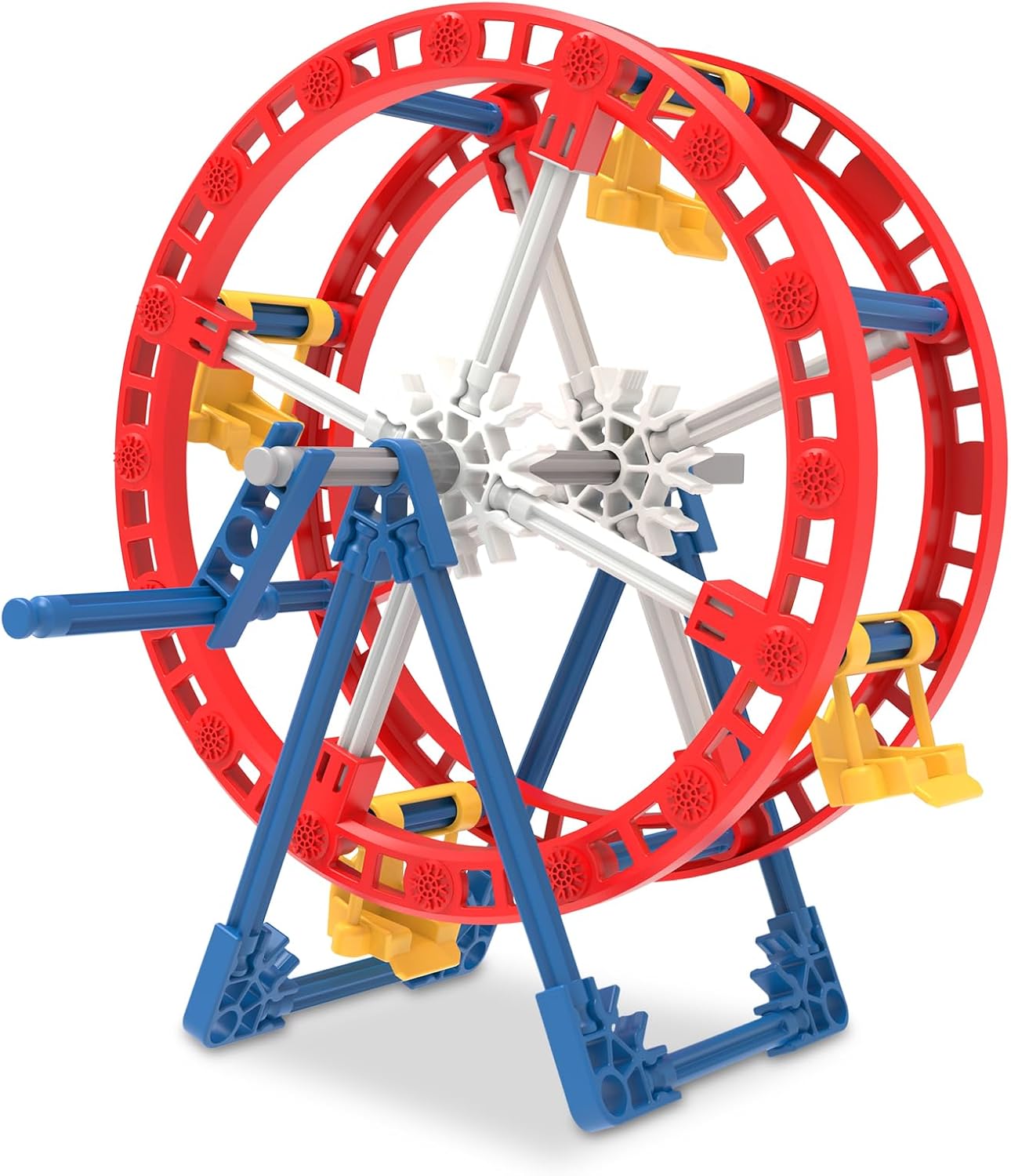 Fully assembled K'NEX Mini Ferris Wheel, showing red, blue, white, and yellow pieces