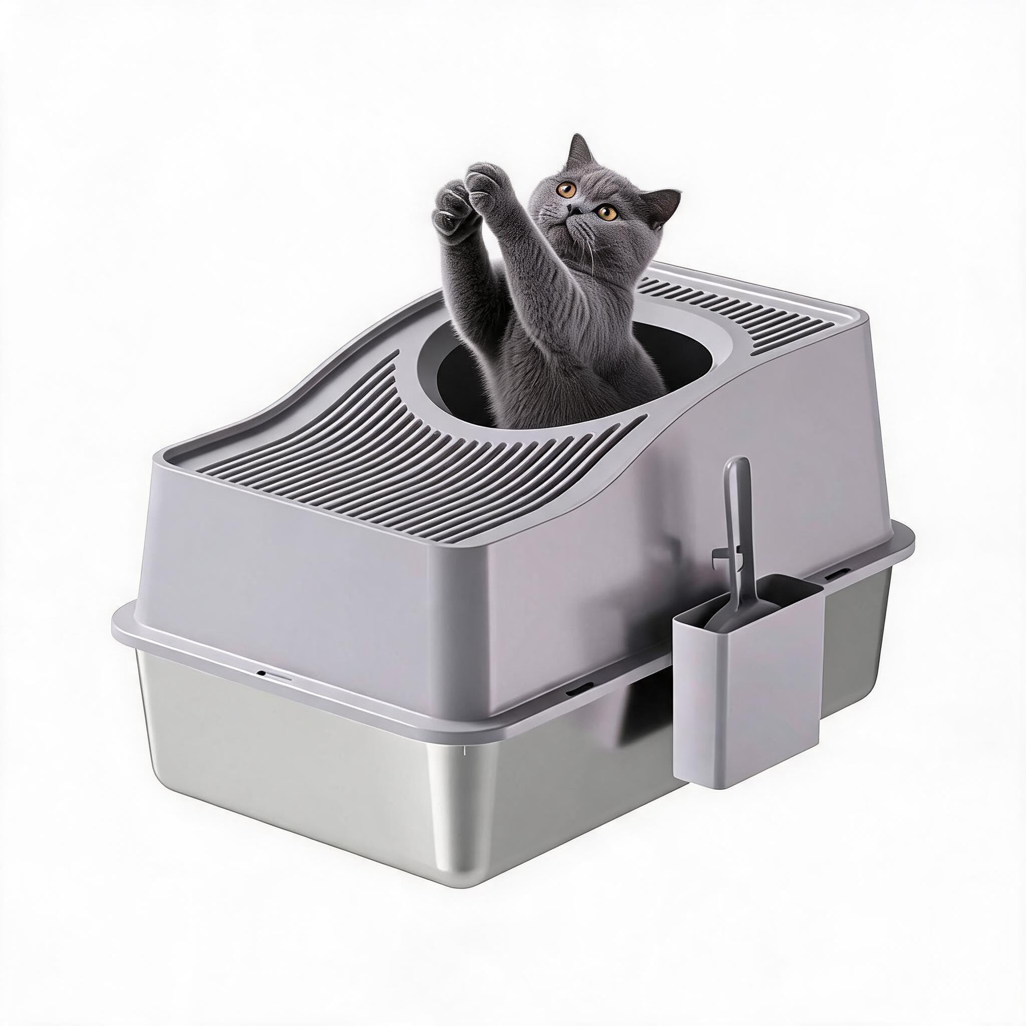 Garvee Arenero para Gatos de Acero Inoxidable Cerrado, Inodoro para Gatos antiolores Grande con Tapa y Plataforma filtradora de Arena, con Borde Alto de 15 cm y Pala, fácil de Limpiar, 60 x 40 x 34,5