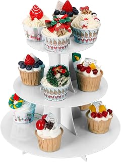 3-Tier Cupcake Stand, Cake Stand holder, Tiered DIY Cupcake Stand Tower for Dessert Table Displays, Birthday Theme Party Favors Decoration, Floral Tea Party, 12" W x 12.8" H, White