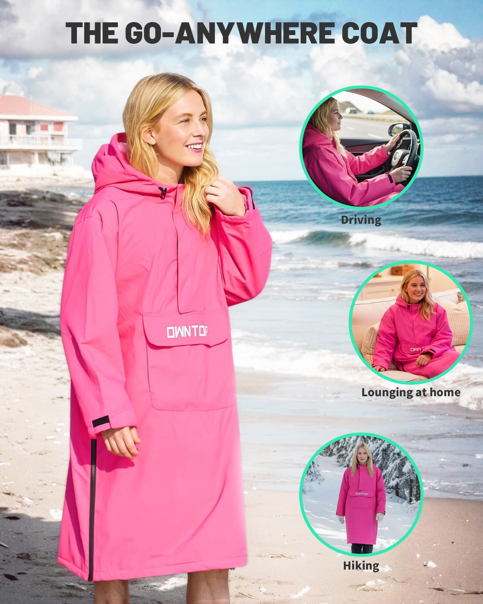 Owntop Wickelmantel für Erwachsene Kinder – Wasserdichter Halbzipfel-Kapuzenmantel mit Sherpa-Fleece-Futter | Winddichte Langarm Trockenmantel | Übergroßer Wärmemantel für Schwimmen Surfen Strand