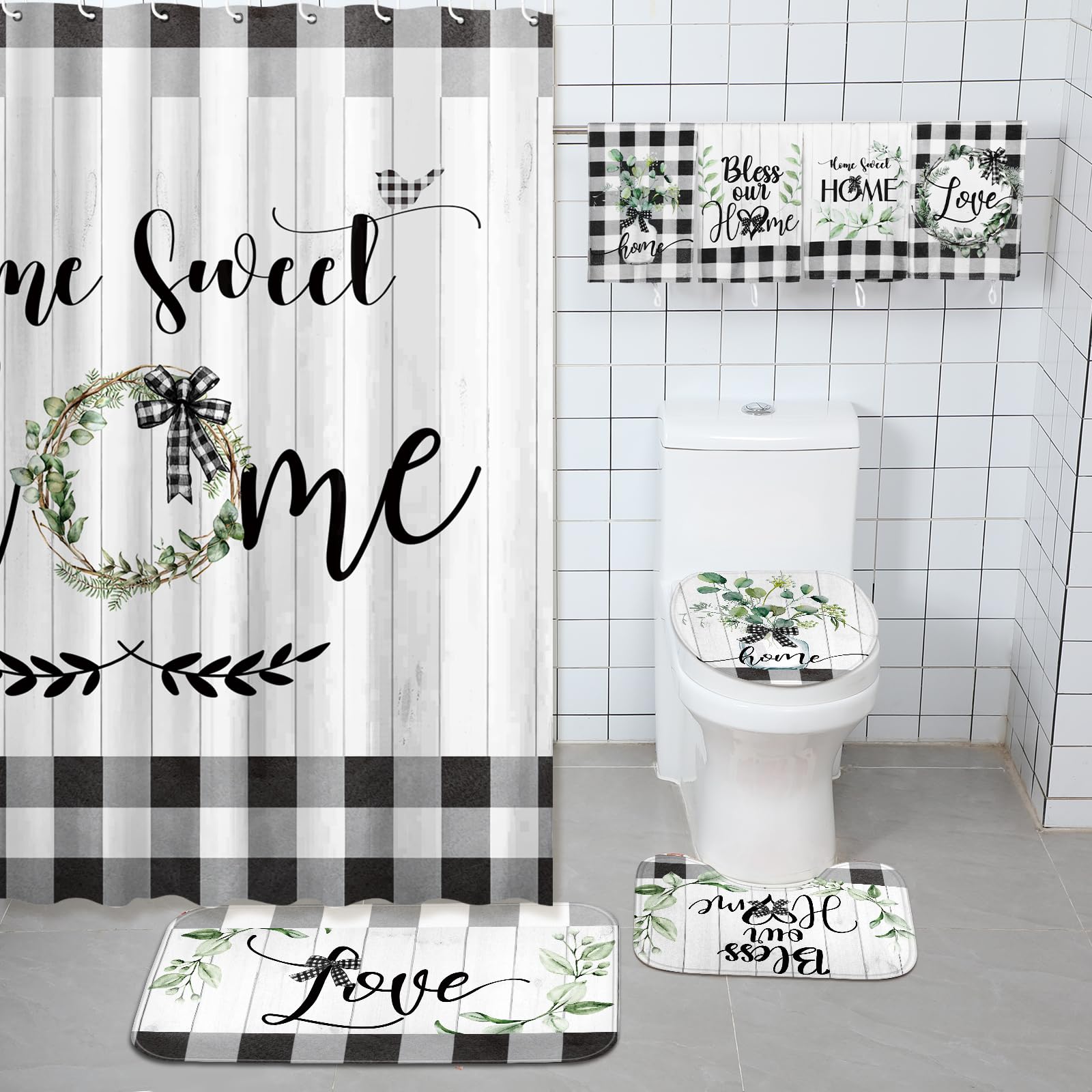 FuWeave Duschvorhang-Sets mit grünem Eukalyptus, für Badezimmer, Dekoration, Zuhause, rustikales kariertes Badezimmer-Zubehör, schwarz-weiß, Duschvorhang-Sets mit Handtüchern, Teppich, Badematte,
