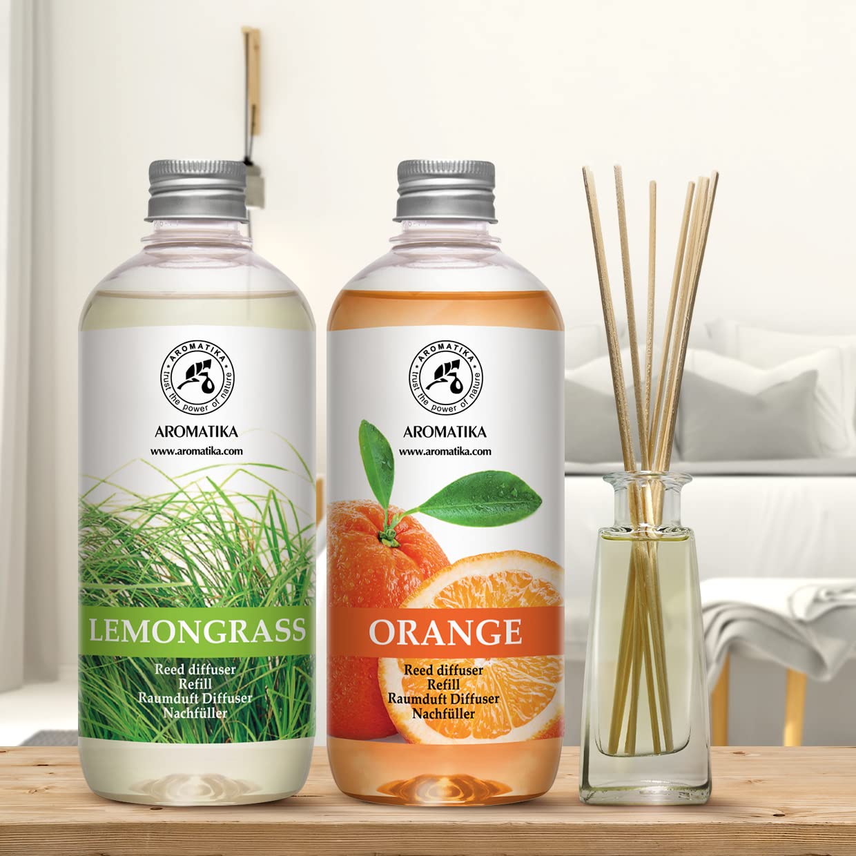 Recarga de Difusors 2x500ml - Aroma Naranja & Limoncillo - Fragancias de Ambiente Intensas y Duraderas - Mejor para de Ambiente - Difusor - SPA - Hogar - Cocina - Baño - Fintess