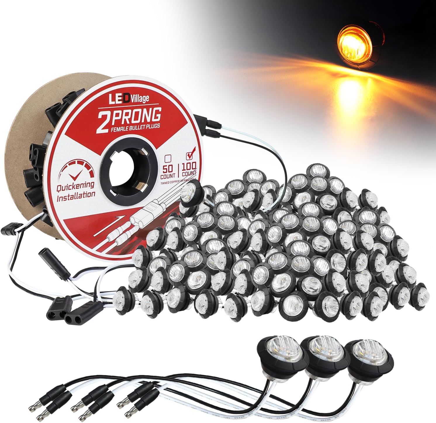 Bundle Pack 3/4" Clear Lens Amber LED Marker Light DC Plug (100 Pcs) + 2 Prong Harness Roll 100 Counts Indicator Light, Clearance Light for Truck Trailer RV Pickup