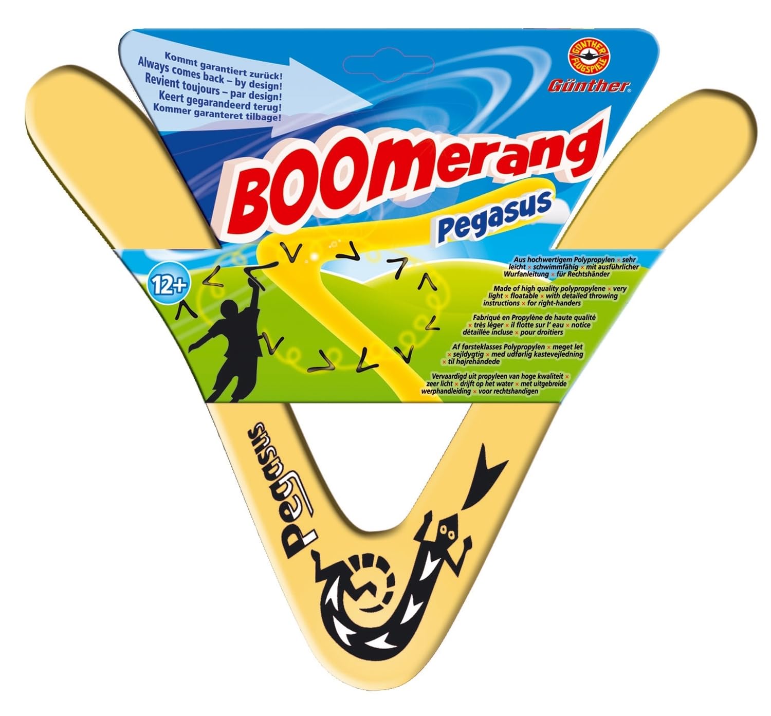GÜNTHER FLUGSPIELE 1374 - Boomerang Pegasus B, Forma Classica, Alto Circa 25 cm, in Polipropilene infrangibile, vola a Circa 18-20 m di Distanza