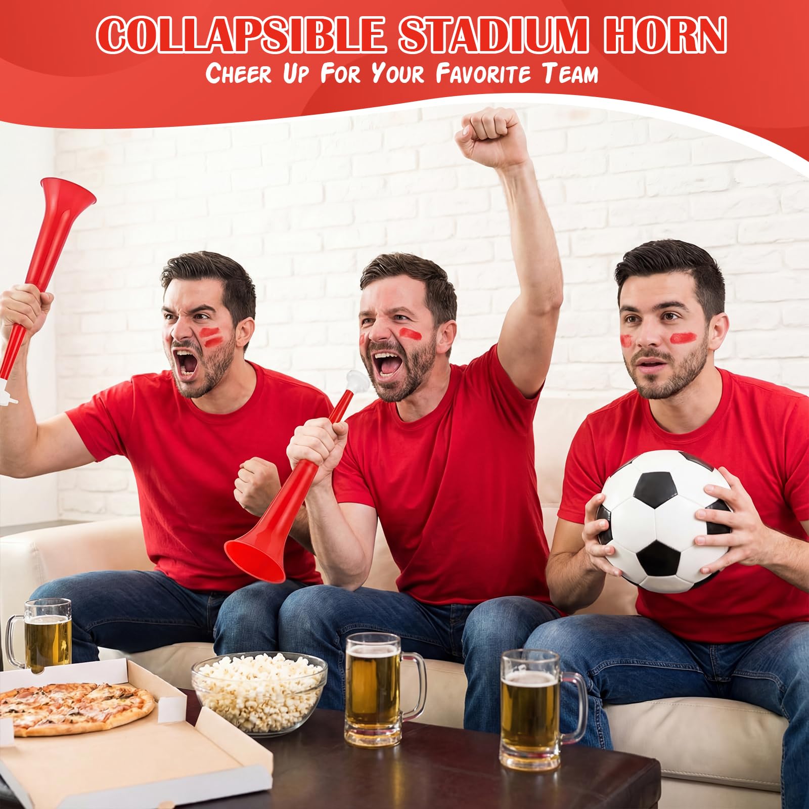 Libima Vuvuzela - 6 bocinas de estadio, para hacer ruido, de plástico, plegable, de 53.3 cm, juguetes para eventos deportivos, juegos de fútbol, suministros deportivos para fiestas (rojo)