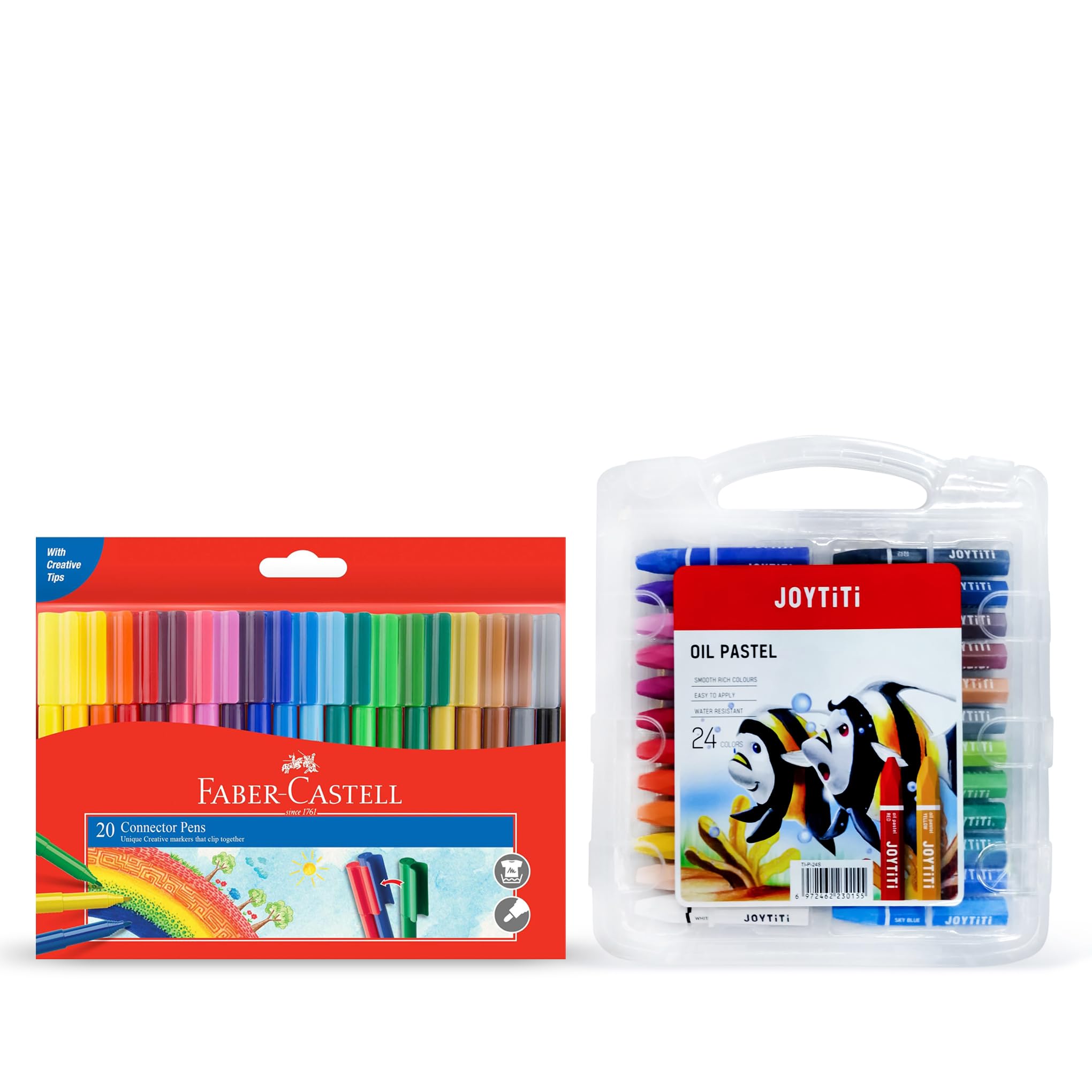 Faber-Castell Connector Felt Pen Pastel 20 Color + Oil Pastell 24 colours with plastic case, 44 pcs Colouring Combo Pack,Draw, color, or decorate with this amazing set