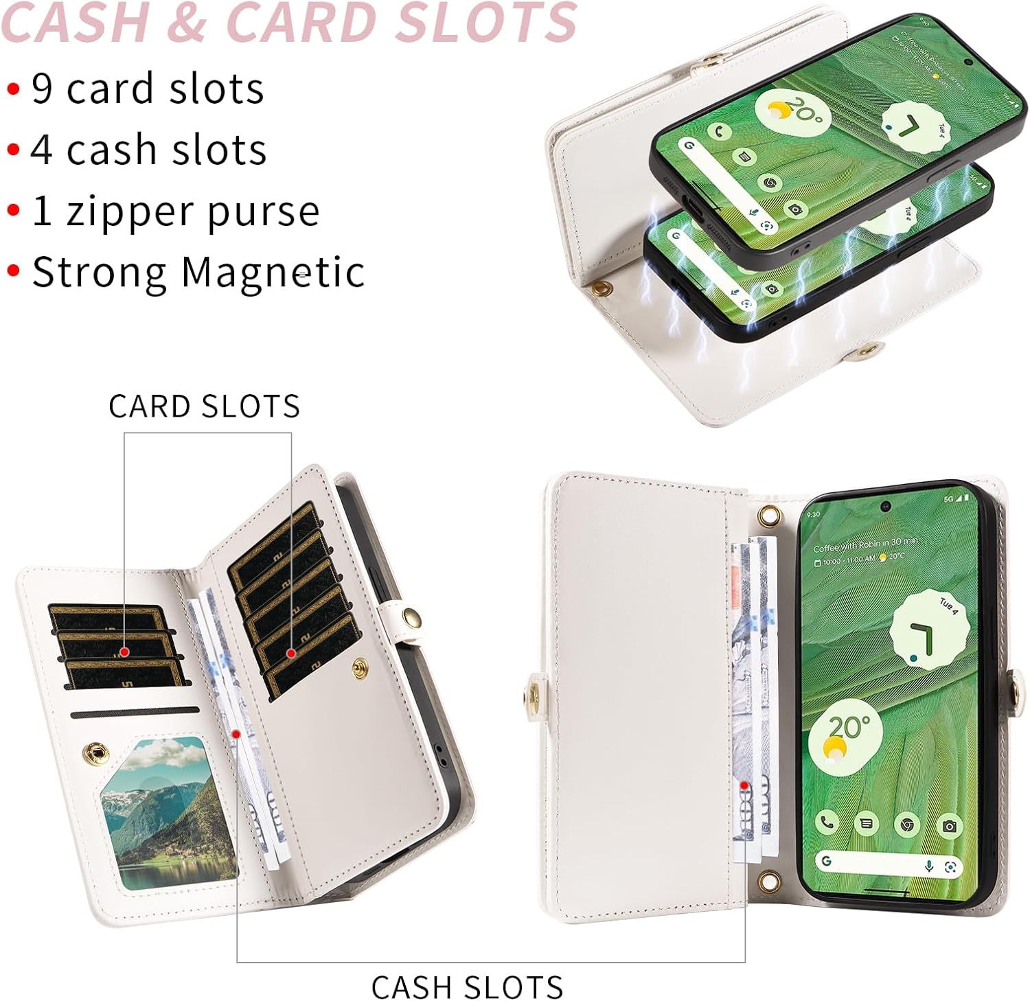 Asuwish Phone Case for Google Pixel 7 5G Zipper Wallet Detachable Cell Cover with Tempered Glass Screen Protector Crossbody Strap Bling Flip Credit Card Holder Pixel7 Pixle Seven 6.3 Women Girls White