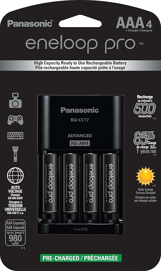 Panasonic K-KJ17K3A4BA Advanced Battery Charger Pack with 4 AAA eneloop pro High Capacity Ni-MH Rechargeable Batteries