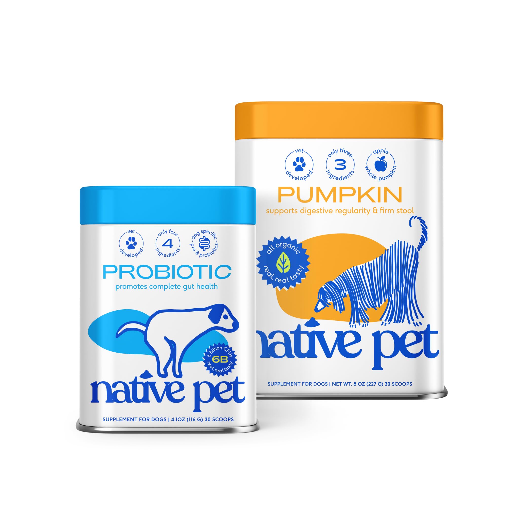 Native Pet Belly Bundle: Pumpkin for Dogs (8 Oz.) & Probiotic Powder for Dogs (4.1 Oz.) - All-Natural Remedy for Pet Diarrhea, Upset Stomach & Gas Relief