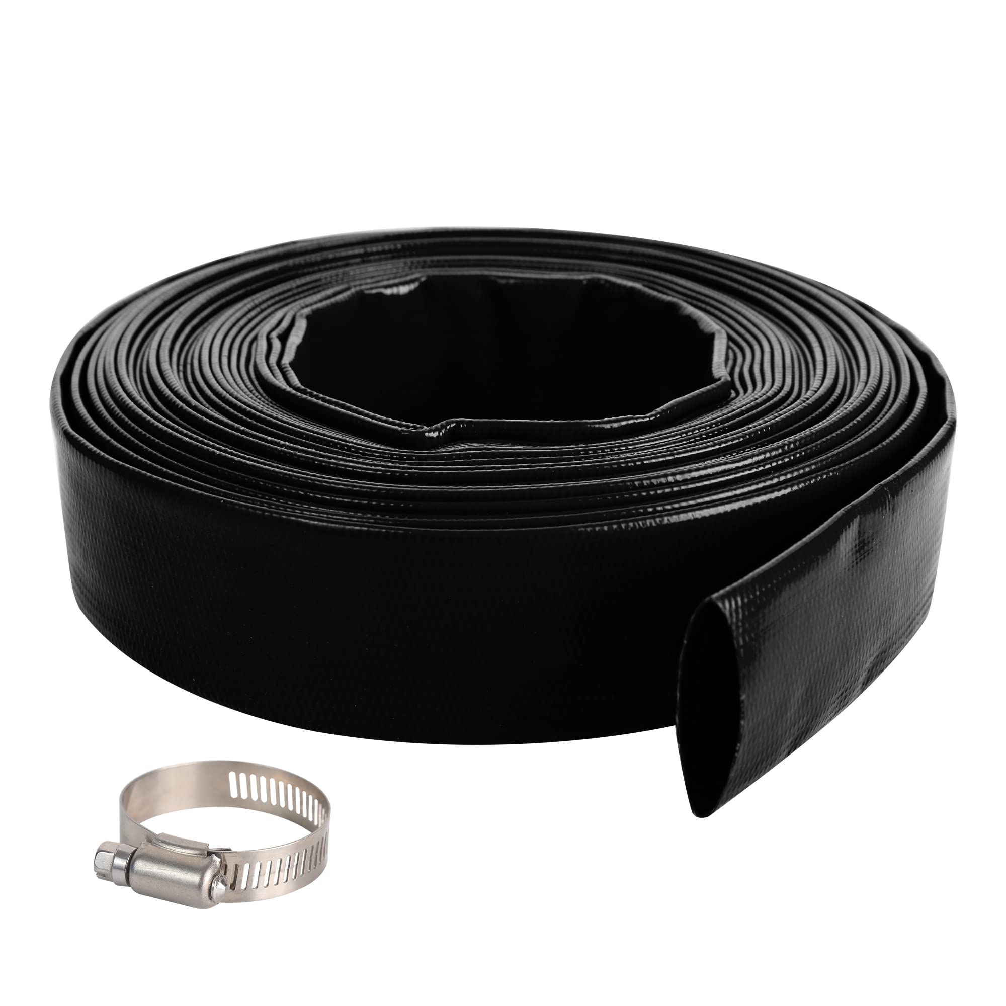 Manguera de lavado de piscina de 1-1/2 x 100 pies, manguera de descarga de agua plana de PVC reforzada resistente para bomba de filtro de piscina, con 1 abrazadera