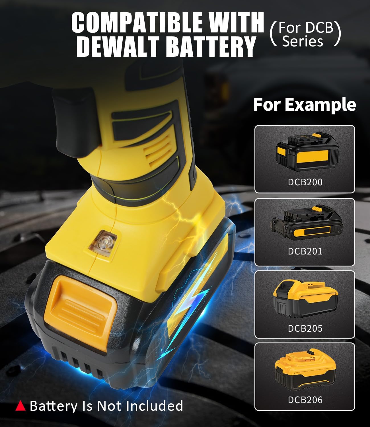 AVID POWER DeWalt Compatible Tire Inflator showing compatibility with various DeWalt DCB series batteries