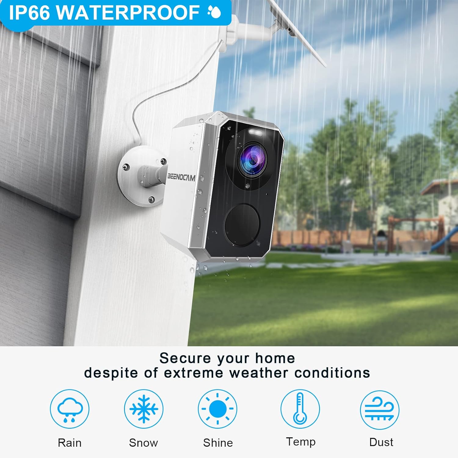 BEENOCAM camera mounted outdoors with solar panel, showing IP66 waterproof icon and icons for rain, snow, shine, temperature, and dust.