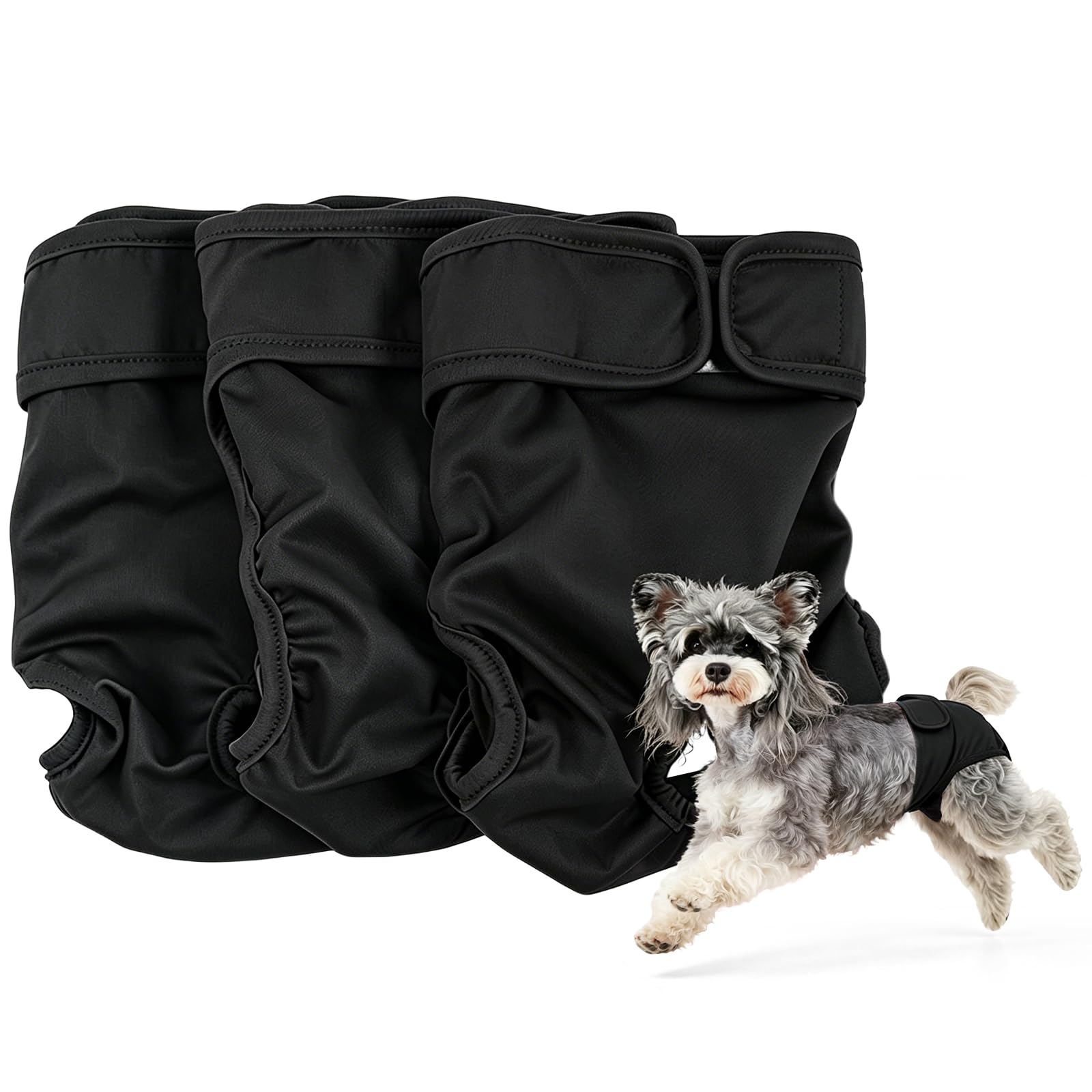 ZORVENIX 3-Pack Reusable Dog Nappies, Washable Female Pants for Dogs, Super Absorbent & Adjustable Sanitary Doggy Diapers Heat, Incontinence and Puppy Training, Black (L)