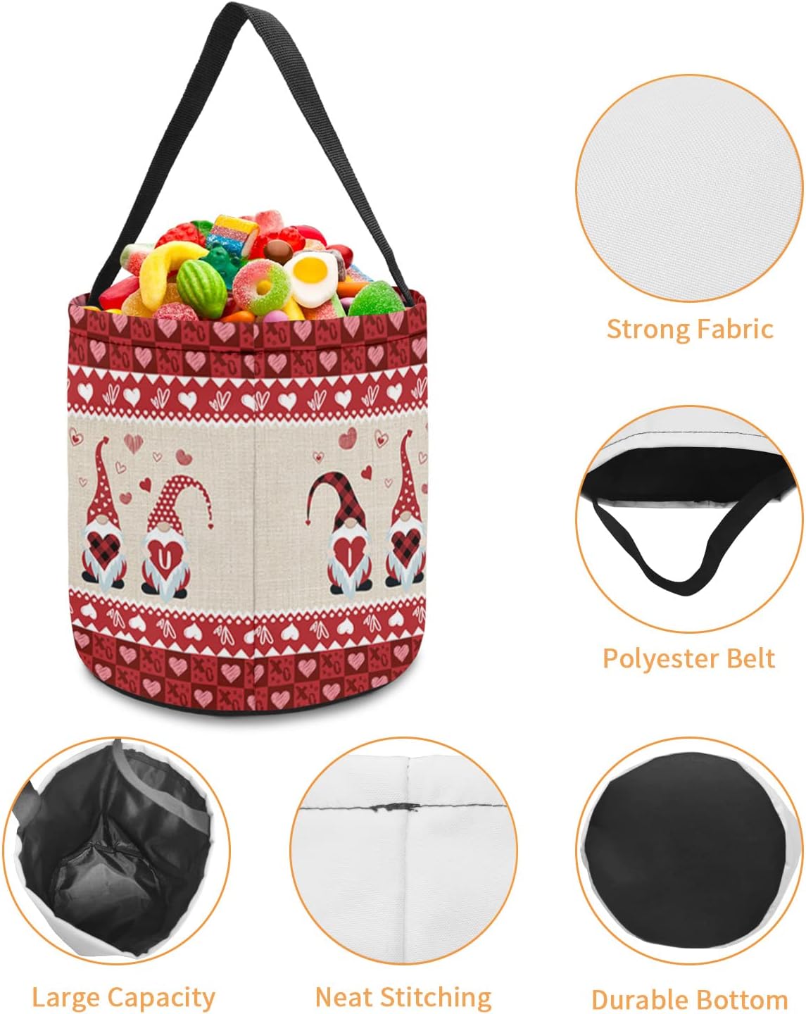 2 Pieces Halloween Trick or Treat Candy Bags,Valetine's Day Dwarfs with Love Heart Reusable Goody Bucket Collapsible Candy Tote Bag for Holiday Gift Basket Party Favor,Vintage Linen and Checkered