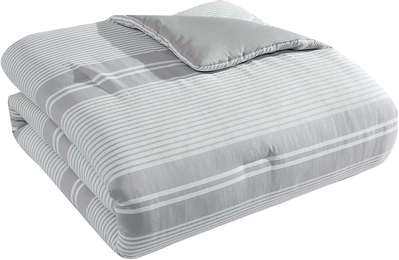 Tahari Home - Comforter Set, Lightweight Bedding with Matching Pillow Shams, Chic Room Decor, Striped Room Decor (Gwen White/Grey, Full/Queen)