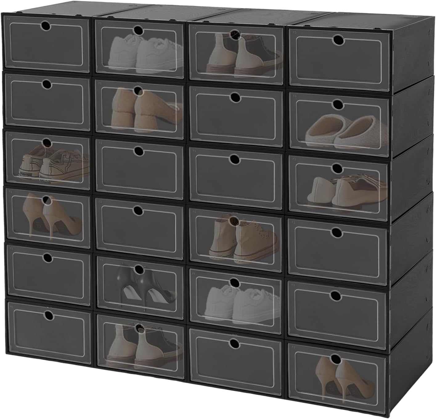 24Pcs Shoe Storage Box, Portable Clear Plastic Stackable Shoe Boxes for Shoes, Stackable Shoe Organizer for Sneakers, High Heels, Canvas Shoes, Boots (Black & Clear)