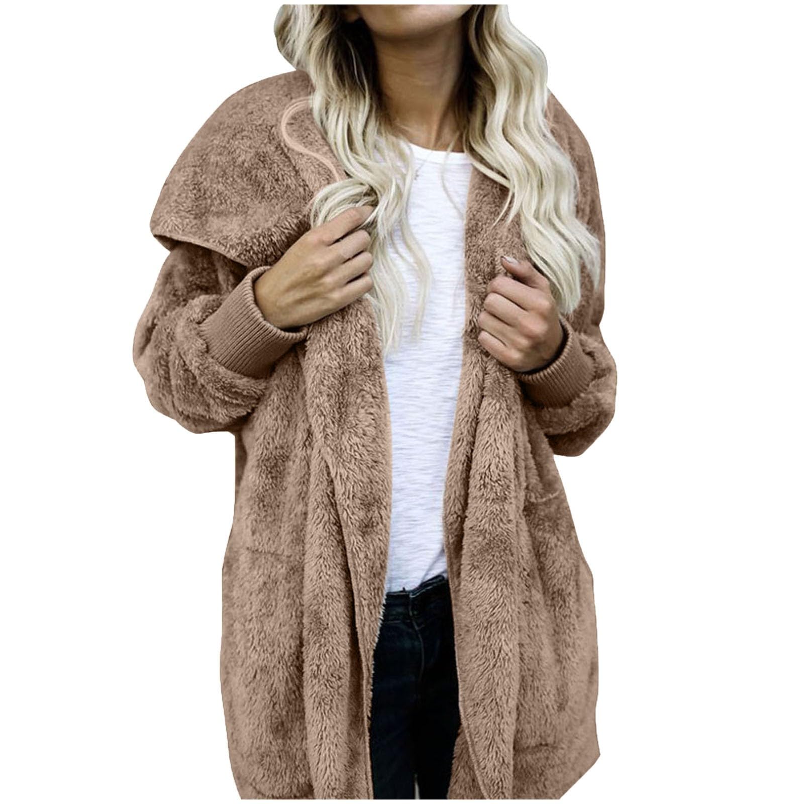 Sherpa Jacket Women with Hood Casual Oversized Open Front Fleece Jacket Loose Fluffy Fuzzy Cardigan Comfy Fall Coats
