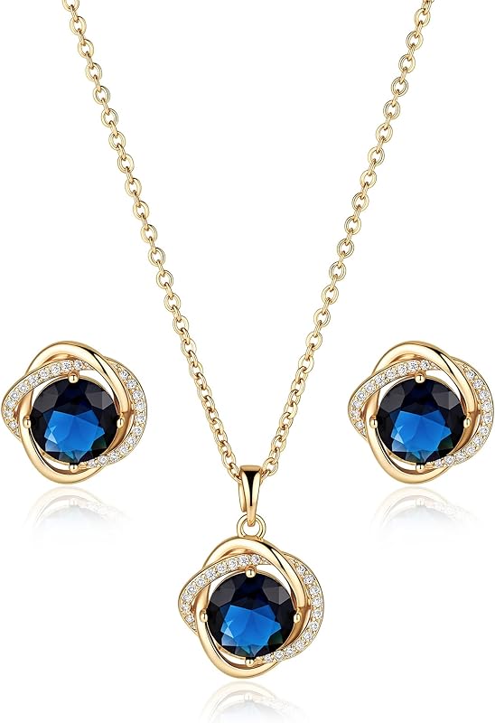 Birthstone Jewelry Set for Women 14K Gold Plated Gemstone Necklace and Earrings Set with Birthstone Floral Edge Design Sparkling for Evening Party and Dance Party