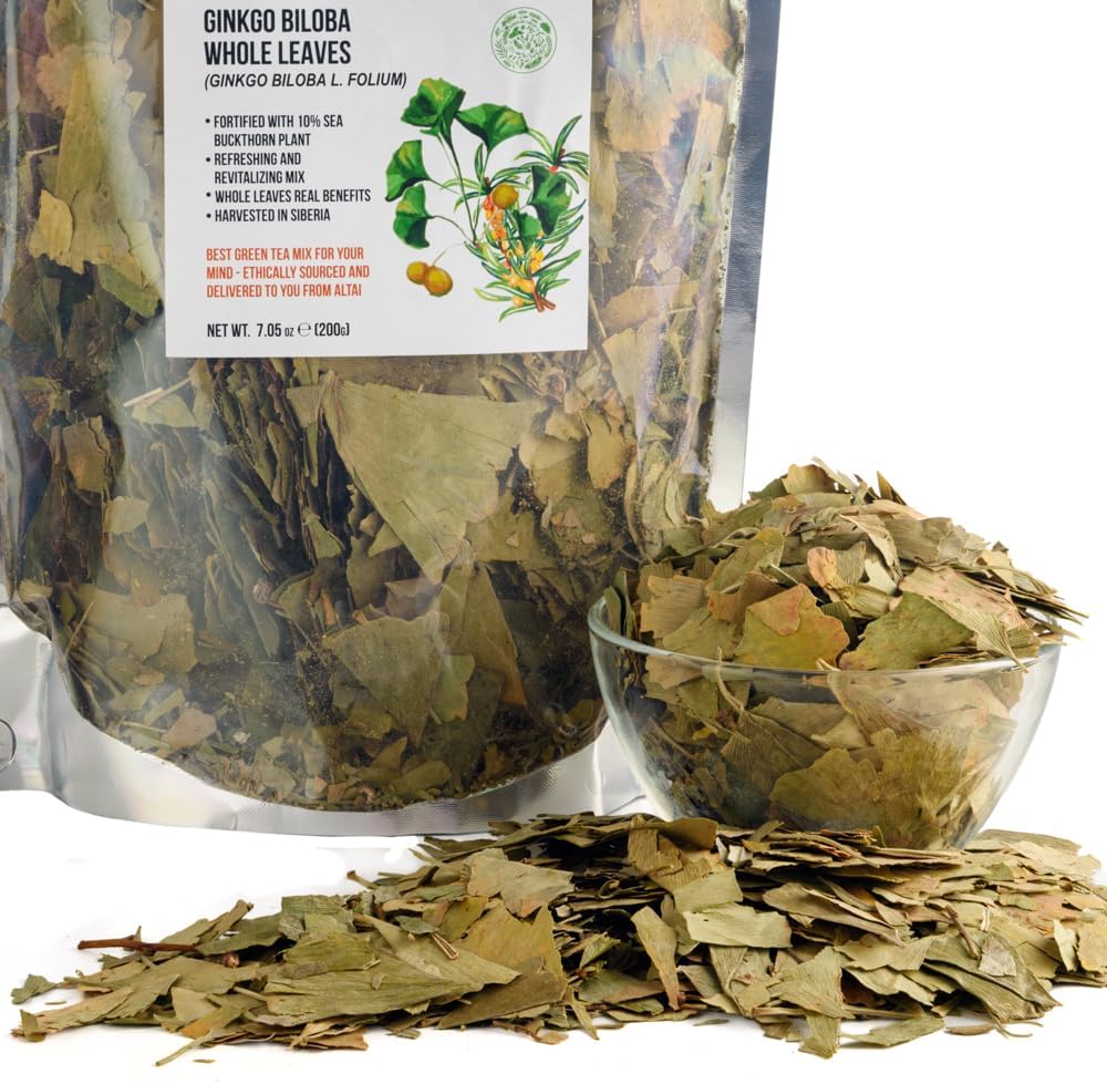 Siberian Green Ginkgo Biloba Cut and Sifted Leaf 200g (7.06 oz) Loose Tea with Sea Buckthorn Leaves