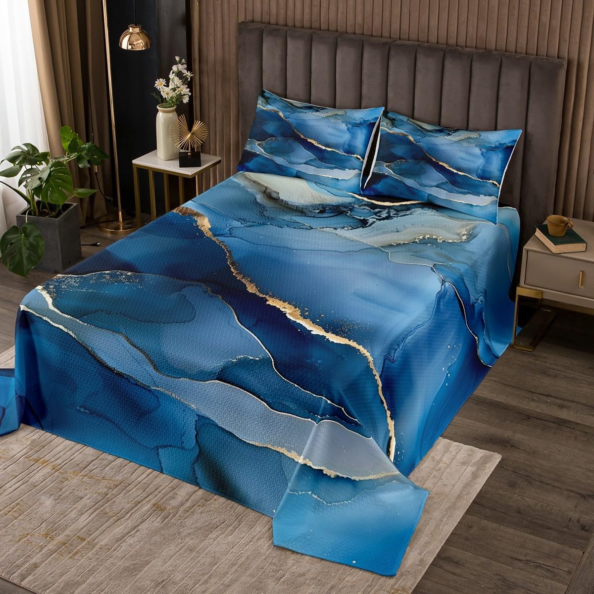 jejeloiu Boys Girls Blue Marble Quilted Coverlet King Size, Luxury Hotel Collection Coverlet Set Abstract Bedspread Kids Teens Bedroom Decor 3Pcs
