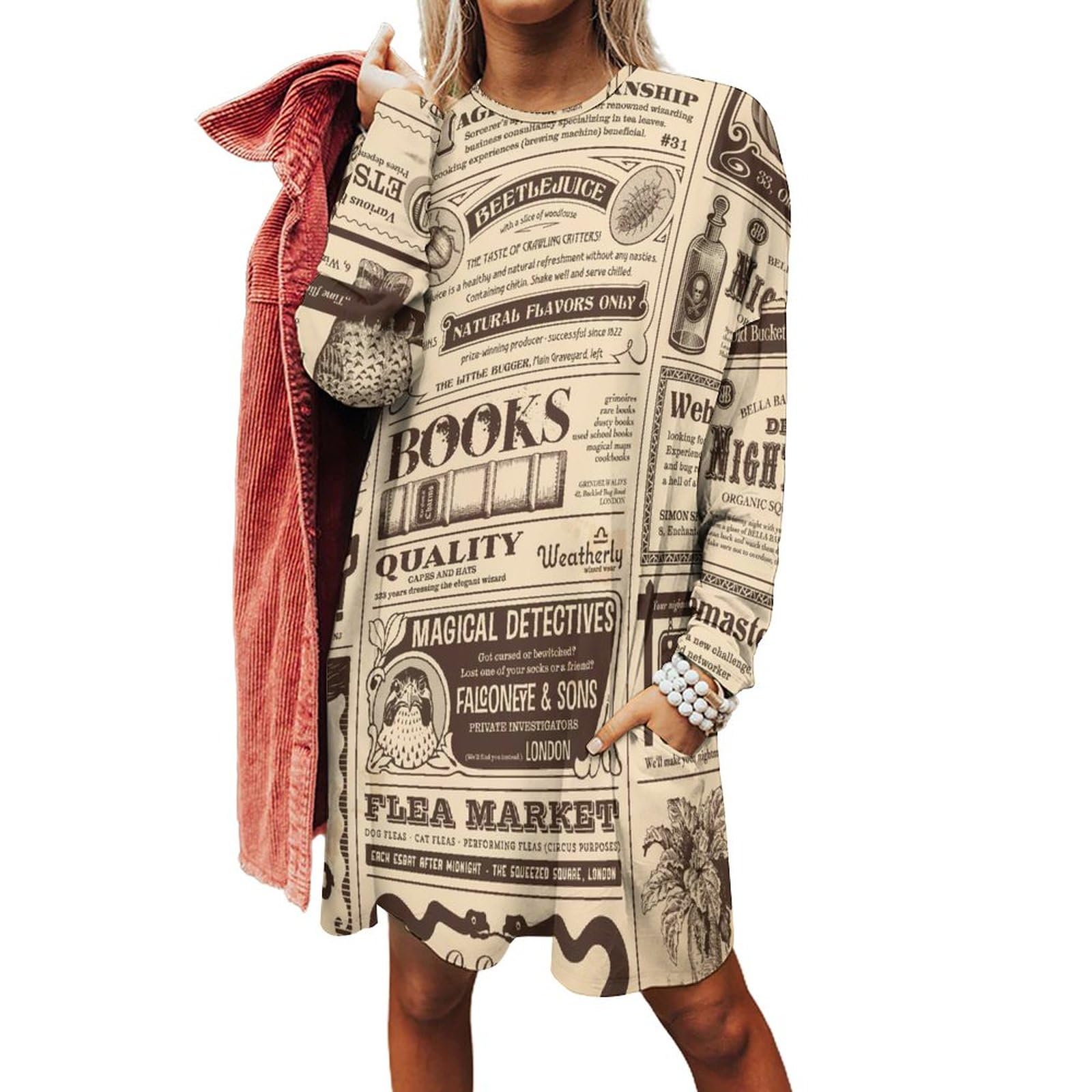 Newspaper Women's Long Sleeve Crewneck Sweatshirt Dress Pullover T-Shirt Dress with Pockets 4XL