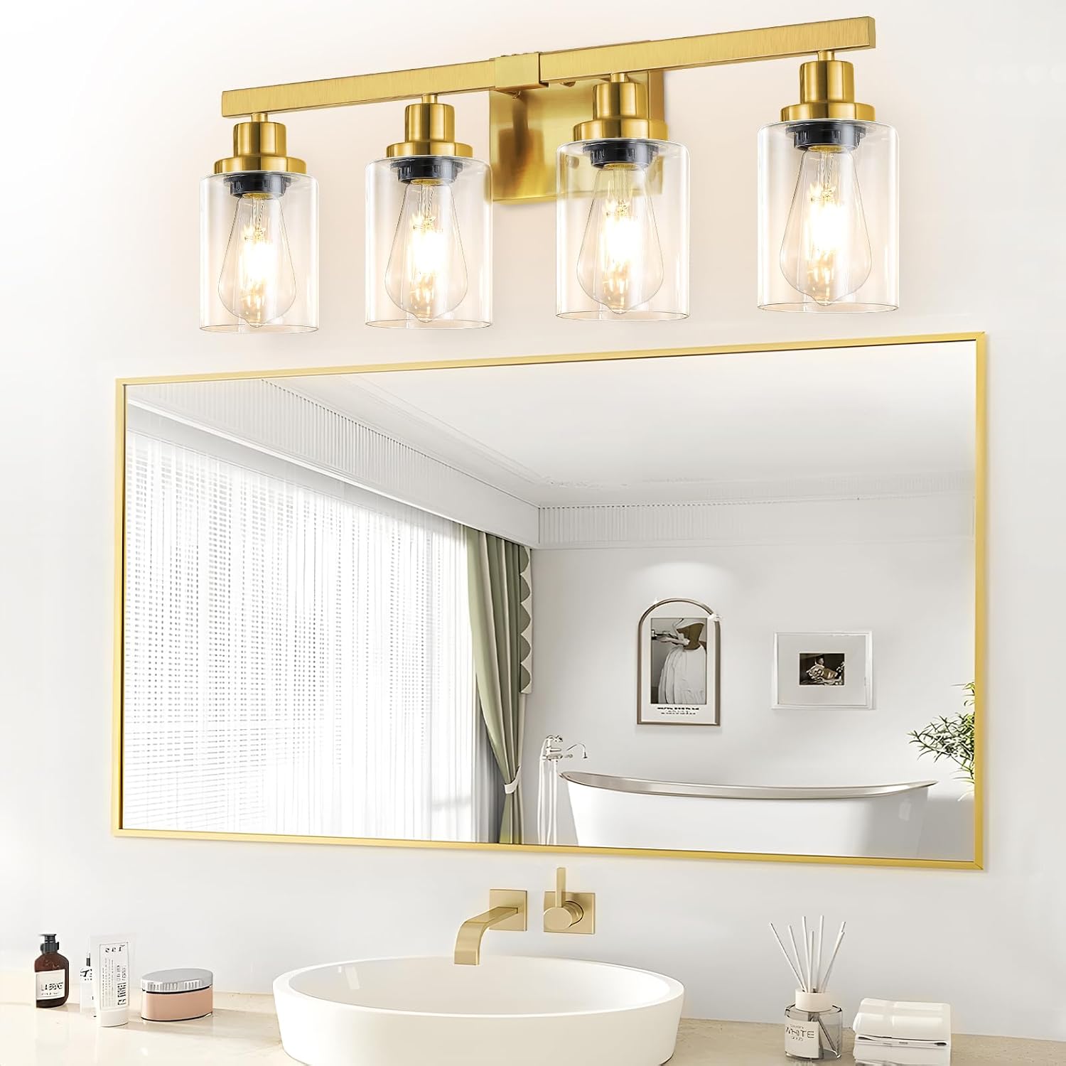 Bathroom Vanity Light, 4-Light Modern Matte Gold Wall Sconce Lighting with Clear Glass Shade, Black Wall Lights,Bath Vintage Wall Mounted Lamps for Mirror Bedroom Living Room
