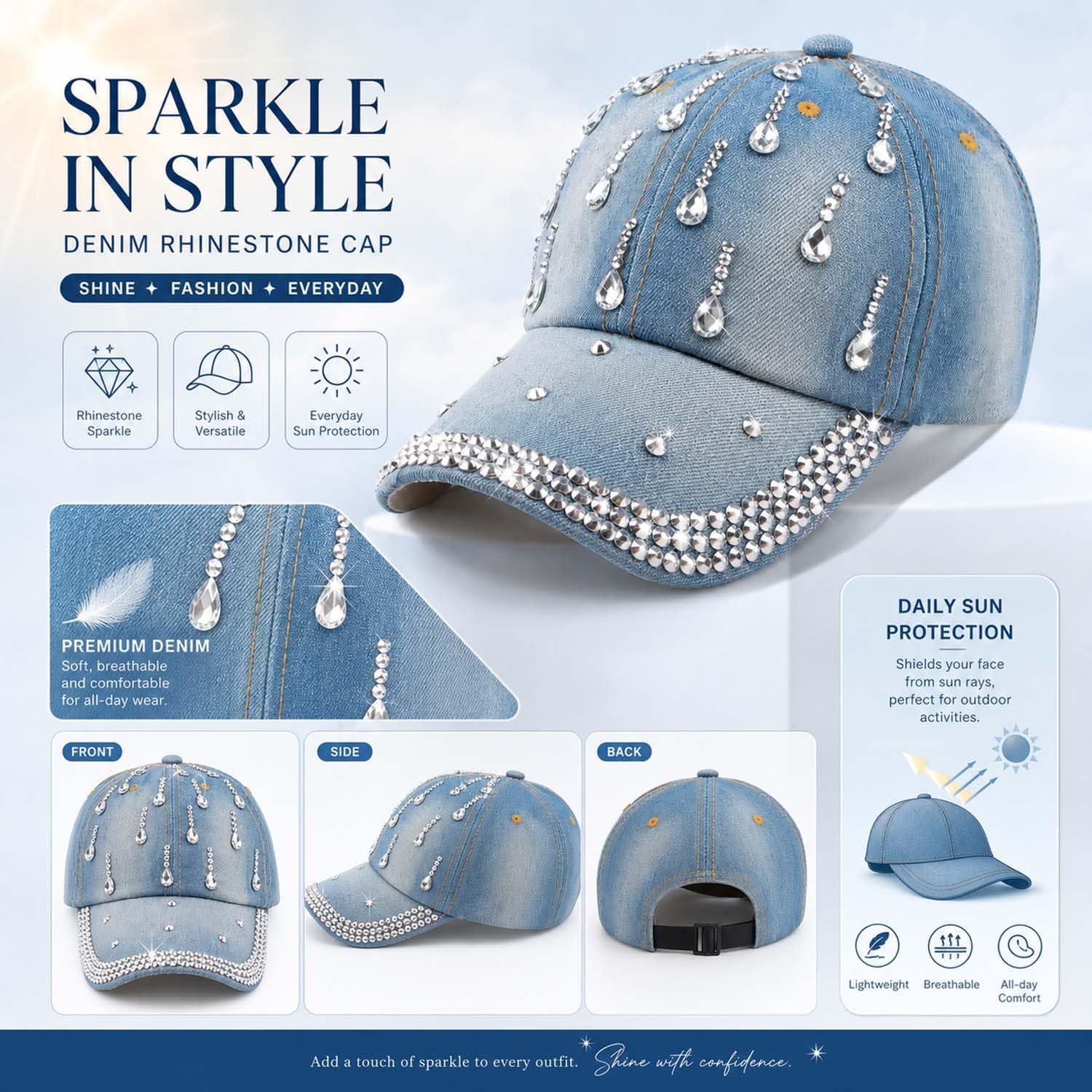 Bling Denim Baseball Cap for Women Jean Hip Hop Rhinestone Hat Jersey Shore Hat Adjustable