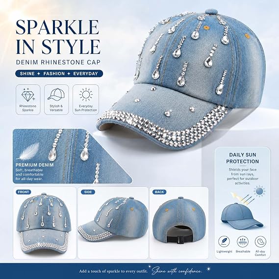 Bling Denim Baseball Cap for Women Jean Hip Hop Rhinestone Hat Jersey Shore Hat Adjustable