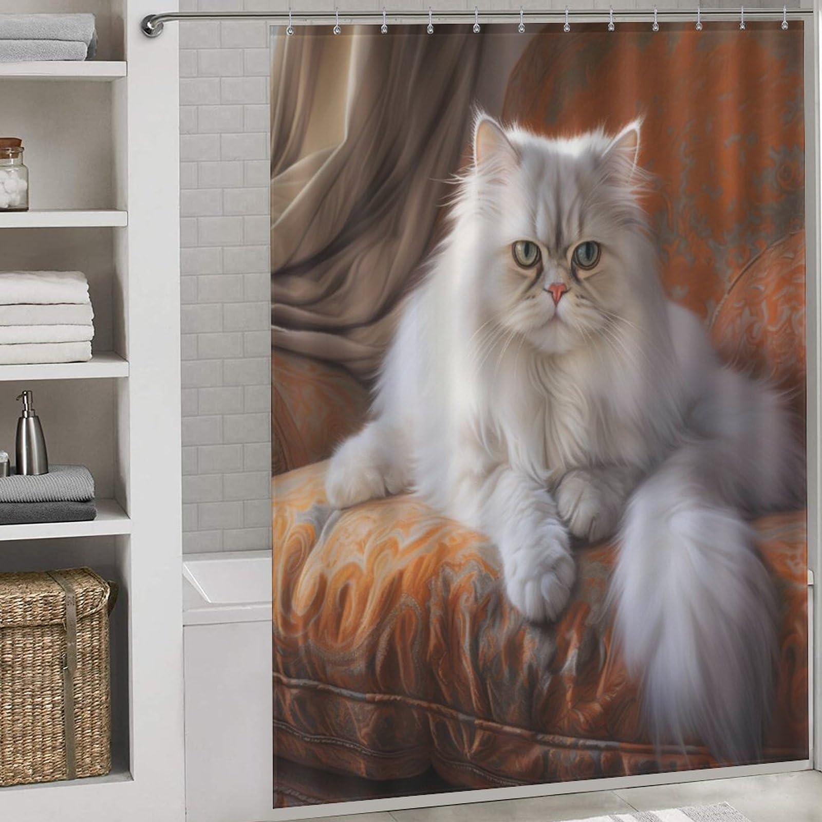 Rideau de douche chat imperméable 168x183 cm avec 12 crochets pour baignoire