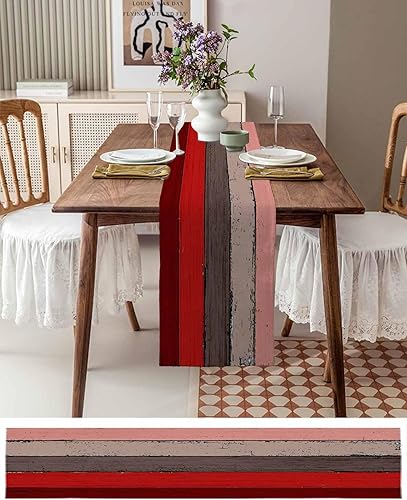 Miniatura 212 de Camino de mesa de algodón y lino estilo granja rústico retro, textura de madera de granero, color degradado marrón y gris, antideslizante,