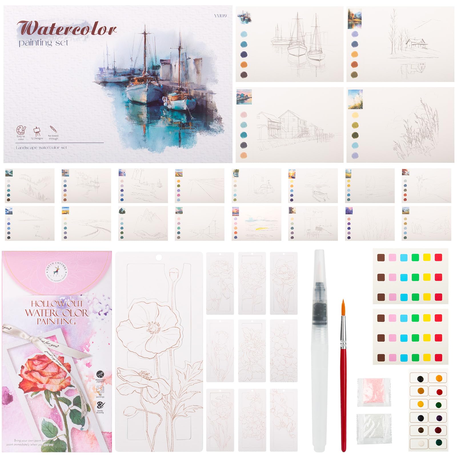 Cahier d'aquarelle oiseaux et fleurs avec bloc de peinture 12 couleurs et pinceau débutant
