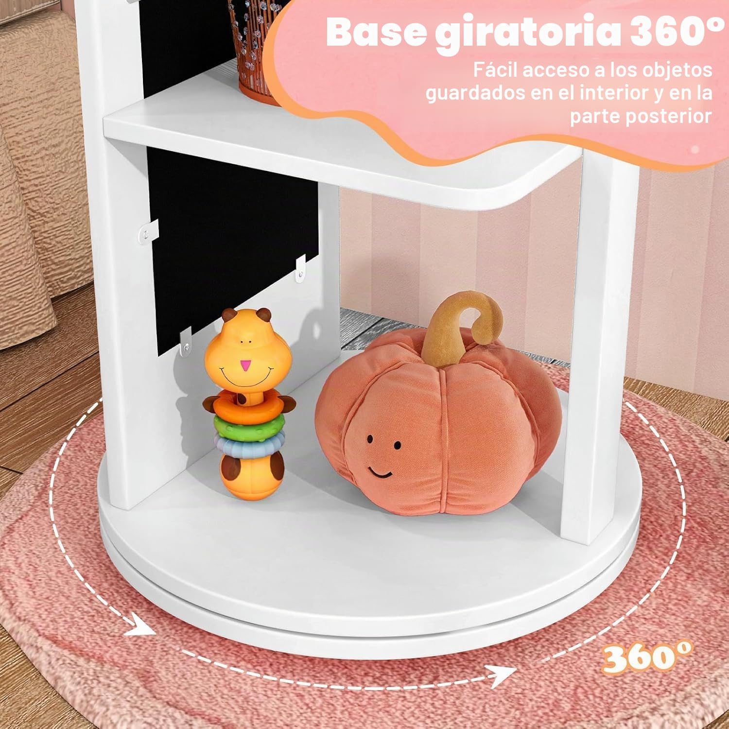FANTASK Armario para joyas infantil giratorio 360°, armario con espejo 4 en 1 con espejo de cuerpo entero y perchero, organizador de joyas para niñas en blanco, soporte para joyas para niños a partir