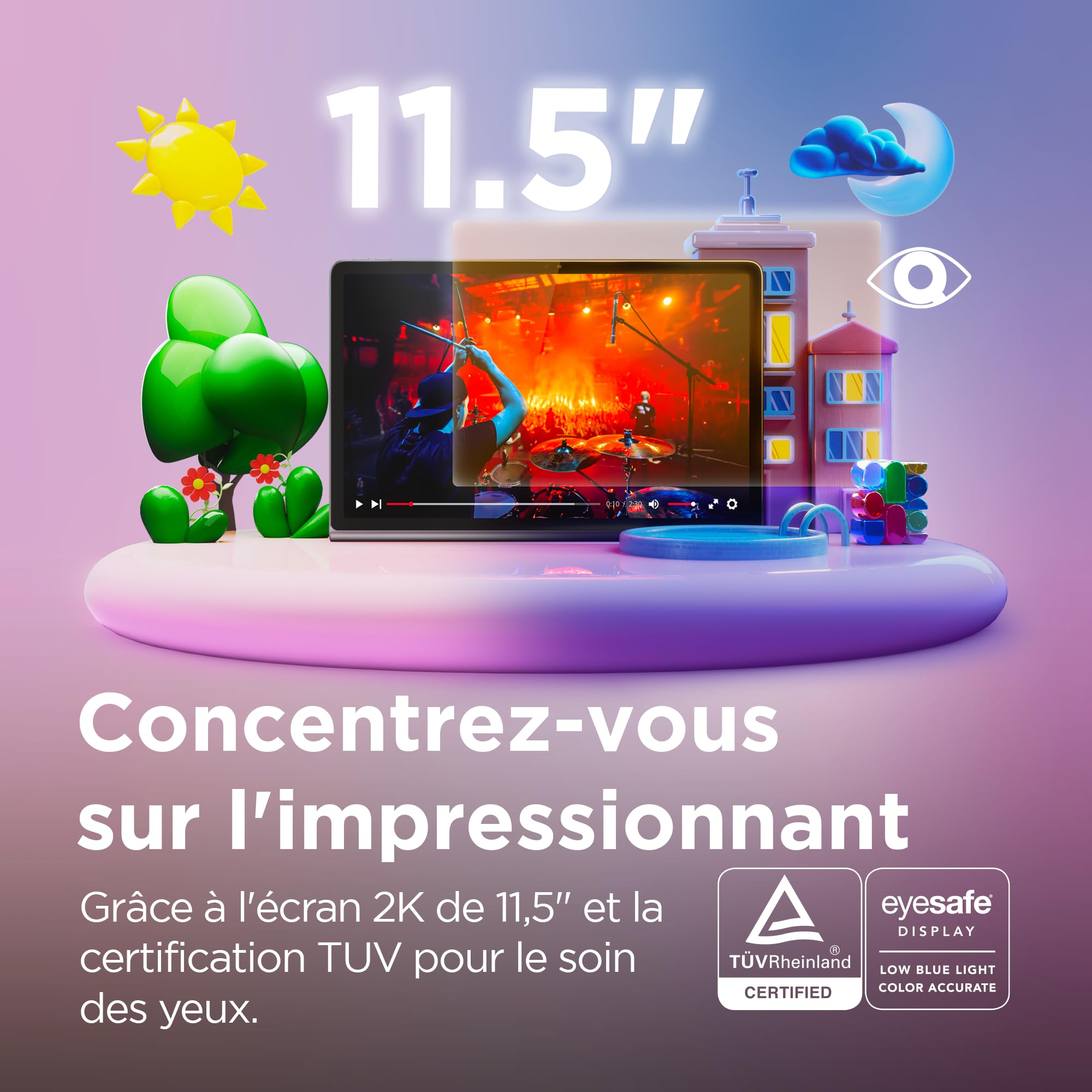 Lenovo Tab Plus - Tablette Tactile 11.5 2K Full HD Dolby Atmos JBL(Mediatek G99, 8Go de RAM, 128Go eMMC, Android 14, WiFi+Bluetooth) - Luna Grey