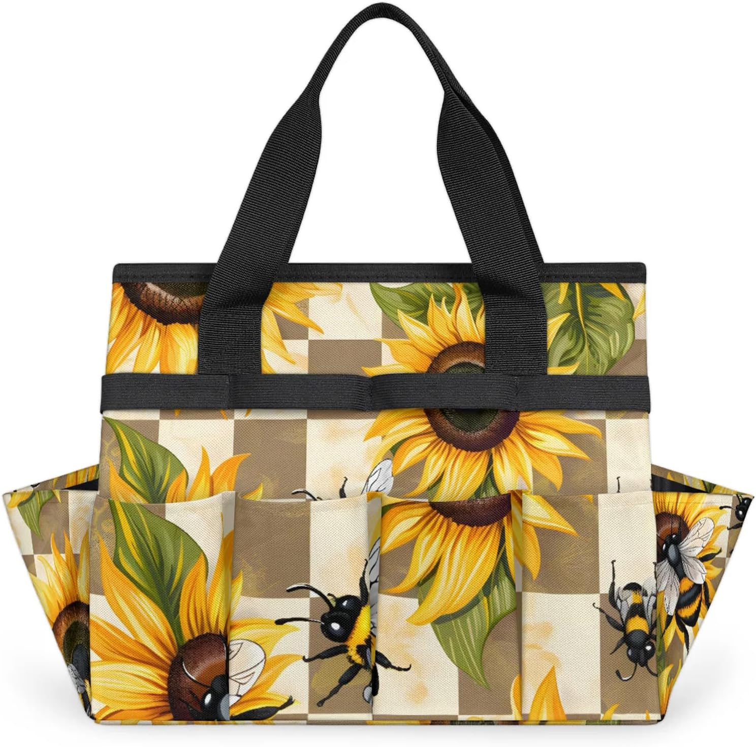 Sunflower Bee Flower Garden Tool Bag, Heavy Duty Garden Tote Bag Organizer with 10 Pockets Gardening Gift for Women and Men