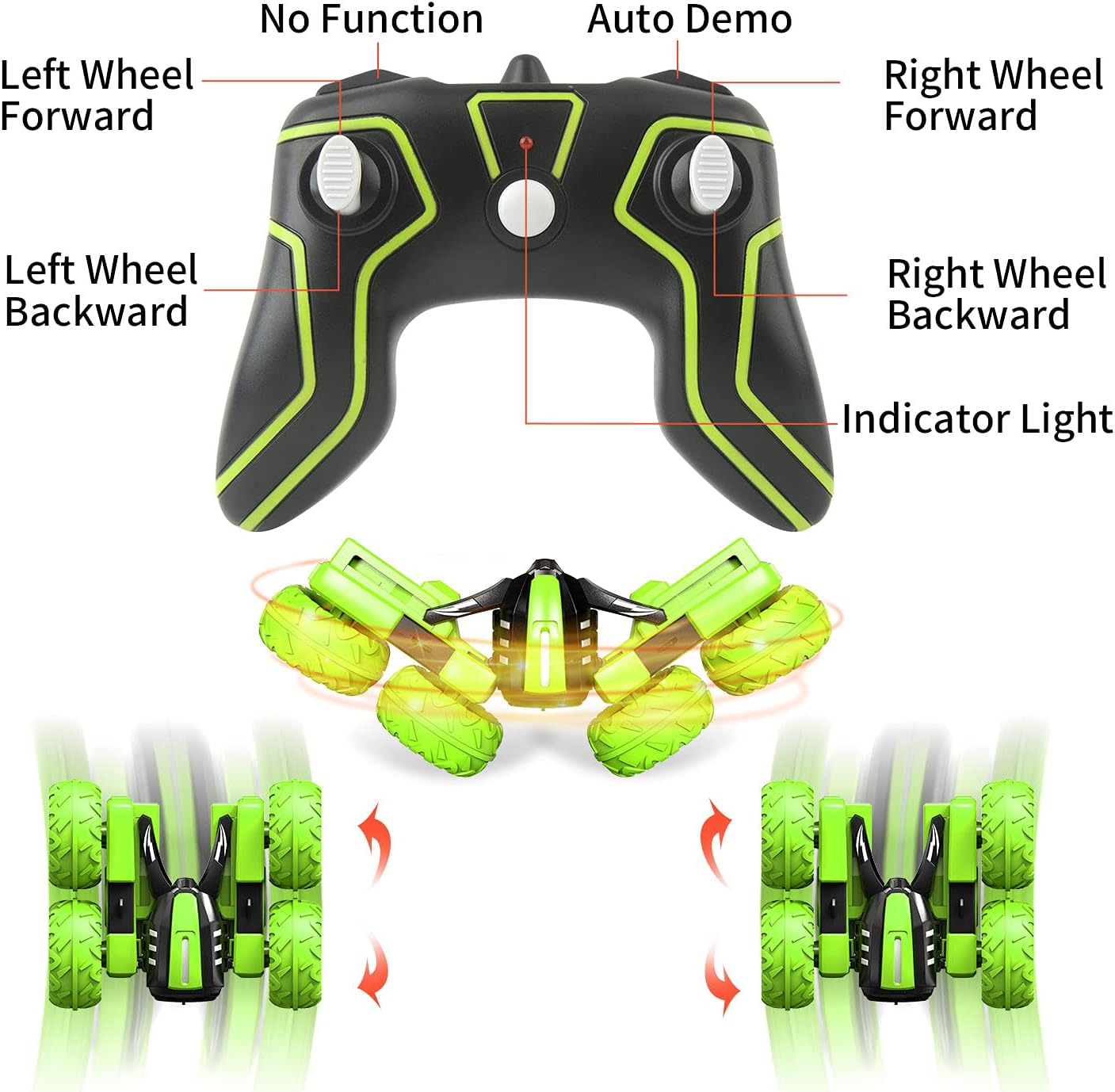 Remote Control Car for Kids 3-12 Years Old, Birthday Gift Toy for Boys Age 4 5 6 7 8, RC Car Stunt with Light 4WD Double Side Racing Vehicle 360° Flips Offroad Indoor Outdoor Sand Grass Garden Green Headlight Green image 4 of 7 B08DHG99KQ