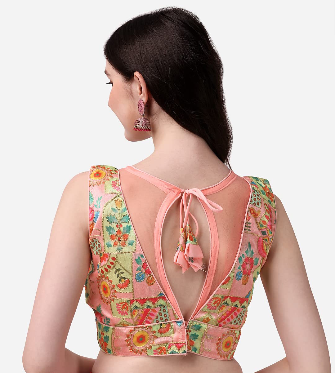 Pujia Mills Women's Phanotm Silk Floral Sleeveless Saree Blouse (Pp 4_Pink_38)