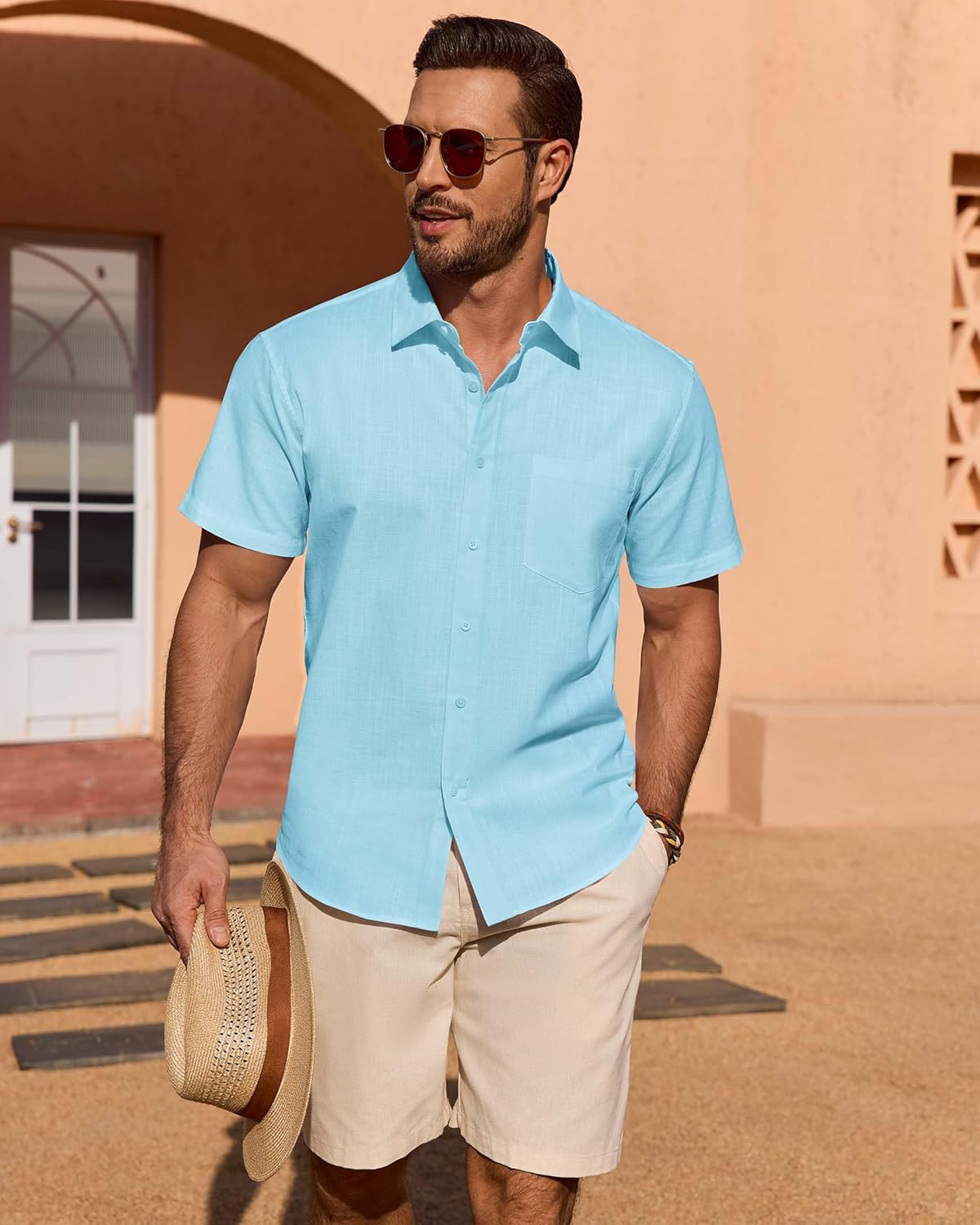 Linen Shirts for Men Short Sleeve Button Down Casual Shirt Cotton Beach Summer Collared Top with Pocket - Image 2