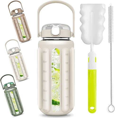 Botella de agua de vidrio grande con pajilla, botella de agua de 64 onzas con asa, funda de silicona gruesa, marcador de tiempo, popote plegable,