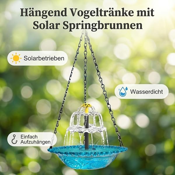 HIKLINK Vogeltränke Hängend mit Solarbrunnen und Springbrunnen, 3-stufiges Vogelbad zum Aufhängen, Solar Wassertränke für Vögel mit fließendem Wasser und Metallketten für Garten, Hof und Terrasse (A) - 3